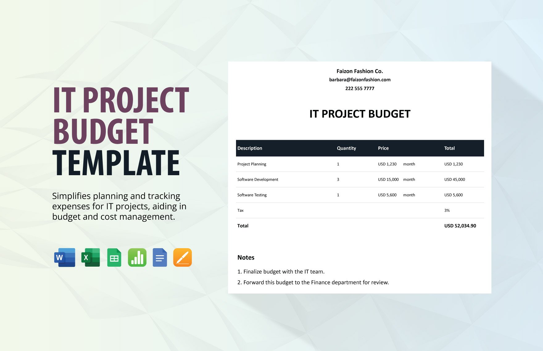 IT Project Budget Template in Word, Google Docs, Excel, Google Sheets, Apple Pages, Apple Numbers