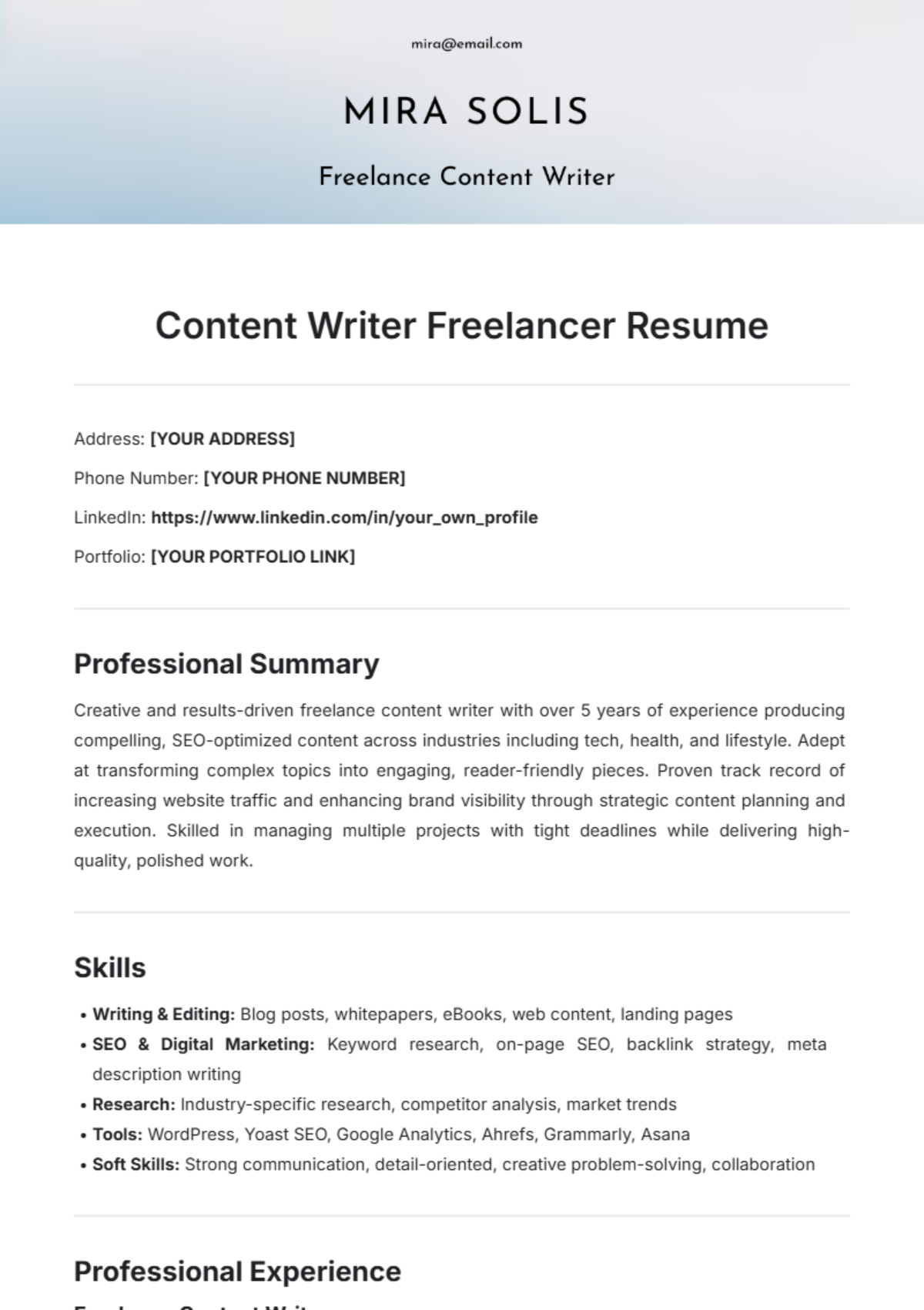 Content Writer Freelancer Resume Template - Edit Online & Download