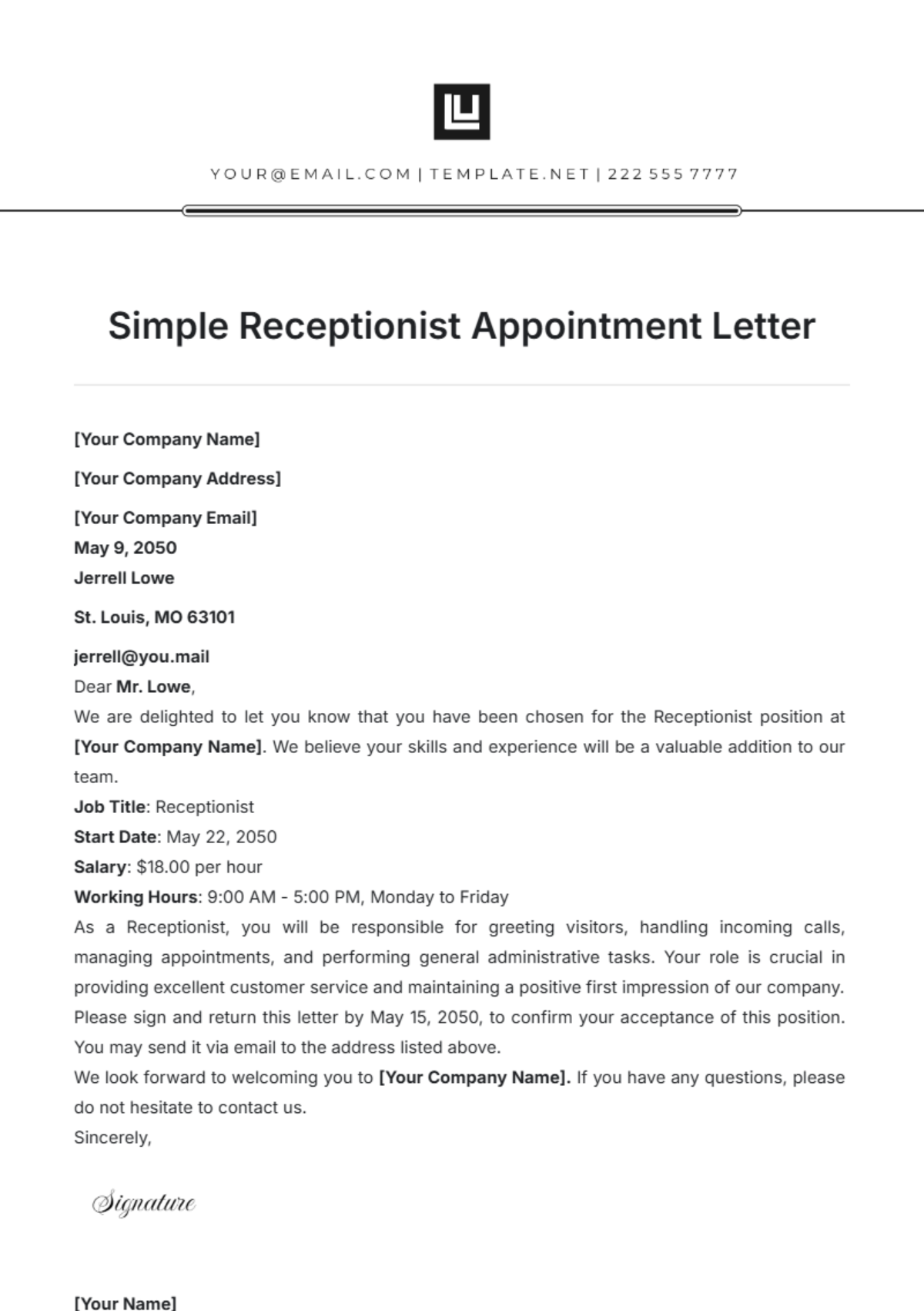 Simple Receptionist Appointment Letter Template - Edit Online & Download