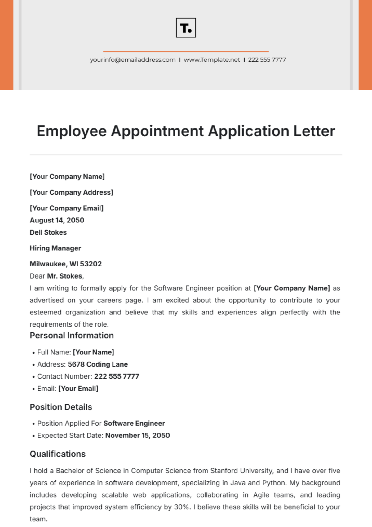 Employee Appointment Application Letter Template - Edit Online & Download