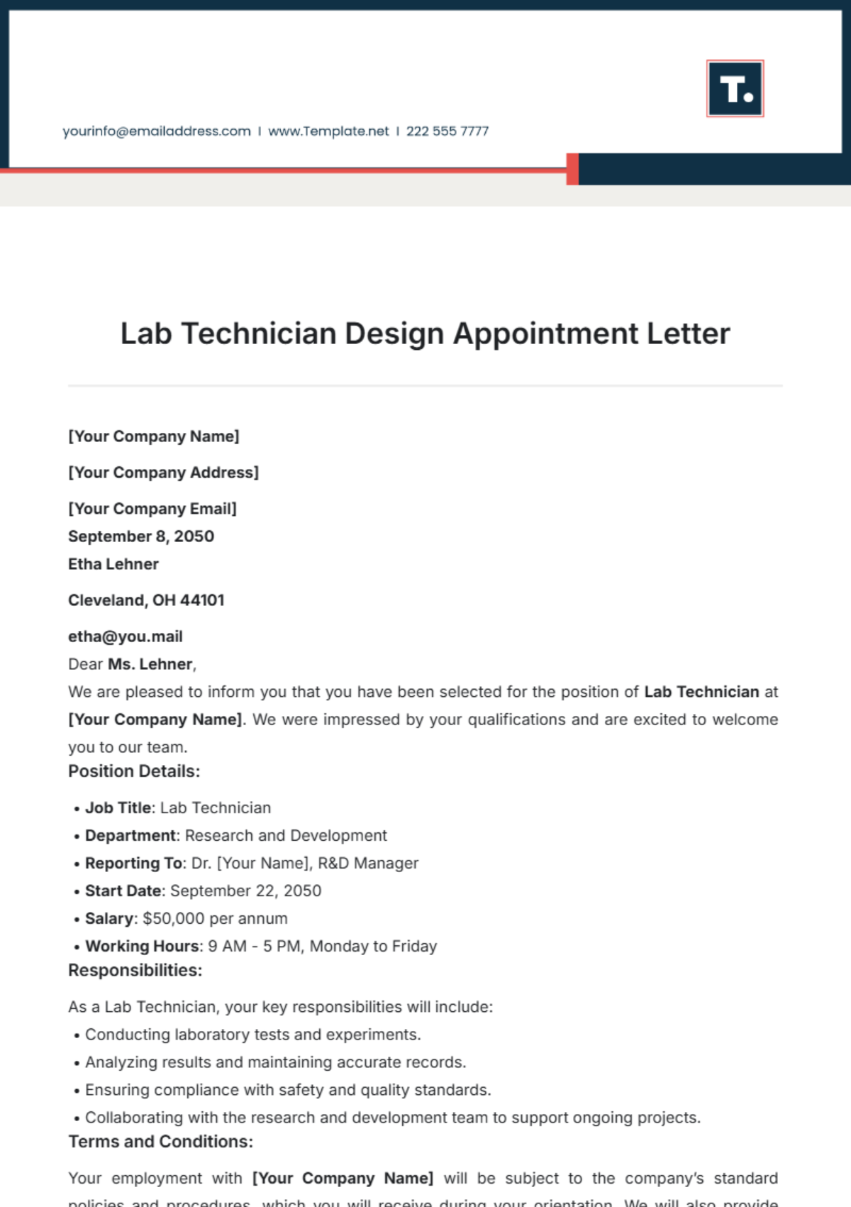 Lab Technician Design Appointment Letter Template - Edit Online & Download