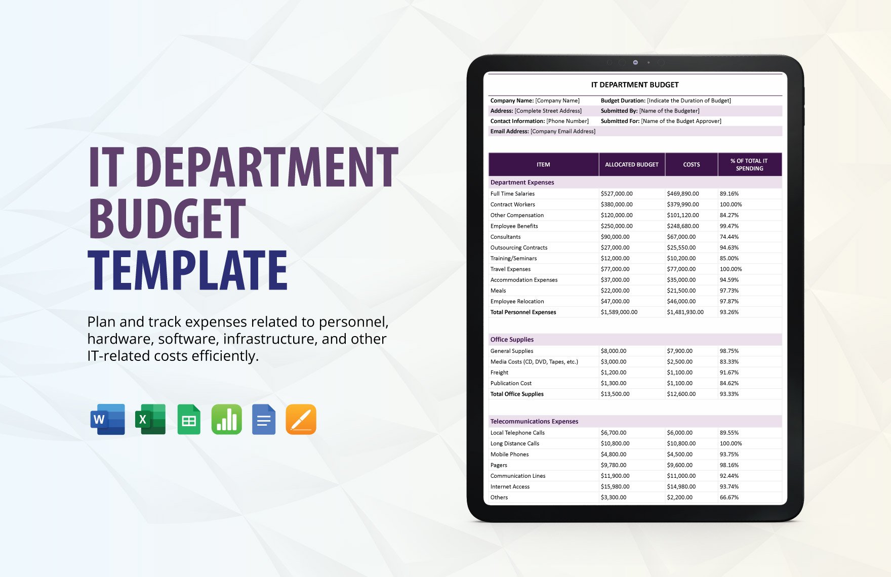 IT Department Budget Template in Word, Google Docs, Excel, Google Sheets, Apple Pages, Apple Numbers