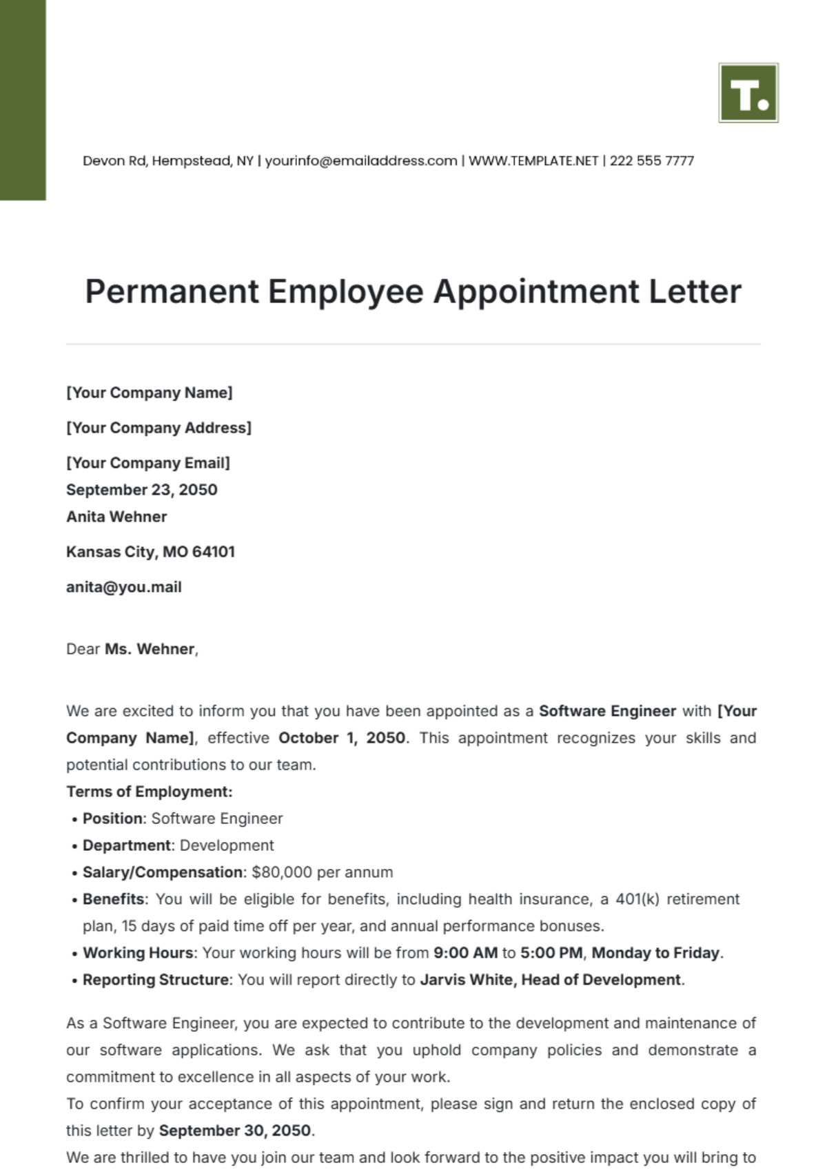 Permanent Employee Appointment Letter Template - Edit Online & Download