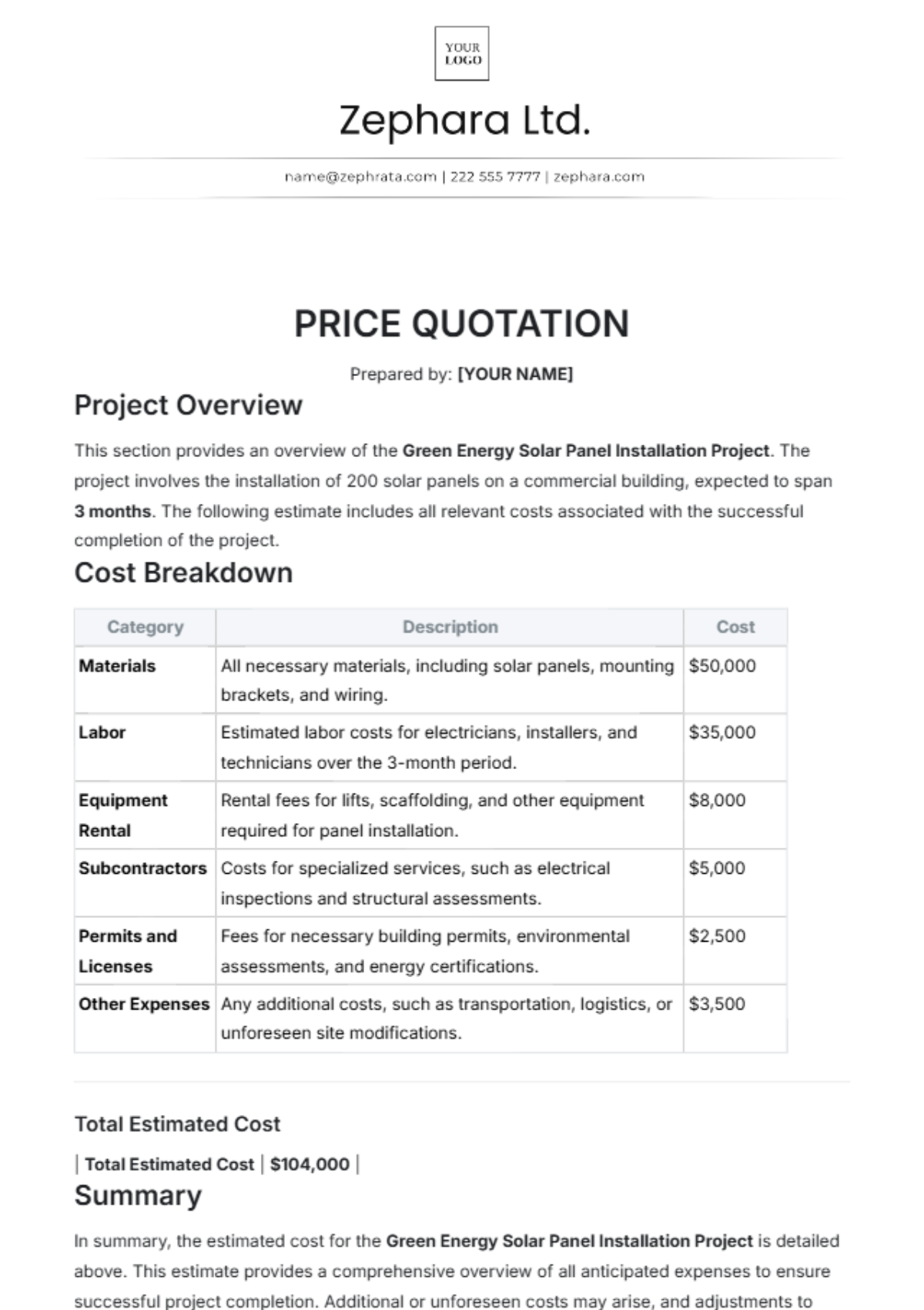 Free Price Quotation Template to Edit Online