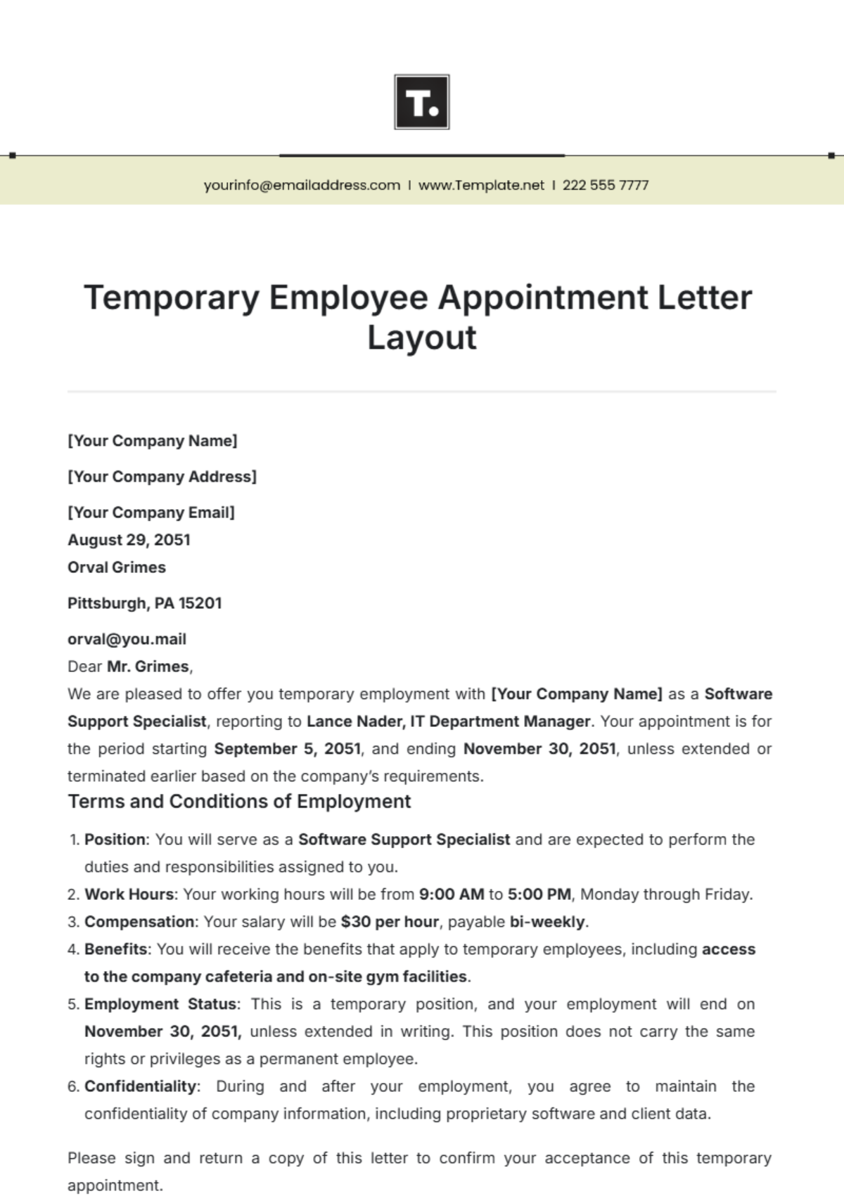 Temporary Employee Appointment Letter Layout Template - Edit Online & Download