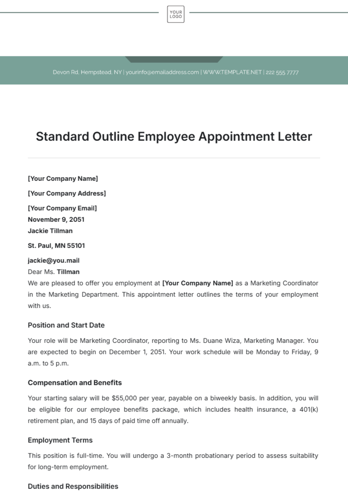 Standard Outline Employee Appointment Letter Template - Edit Online & Download