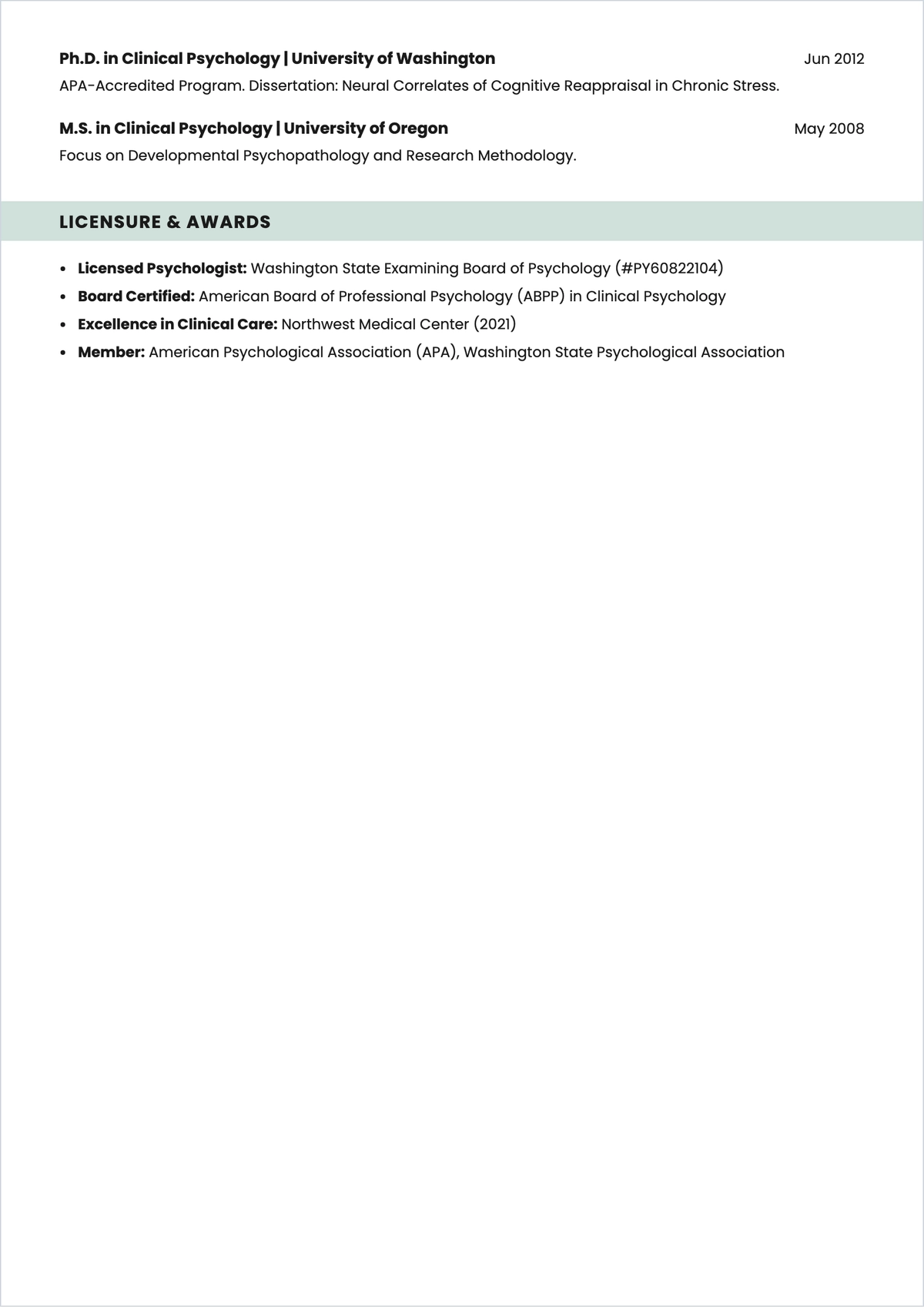 Free Sample Clinical Psychologist ATS Resume Template