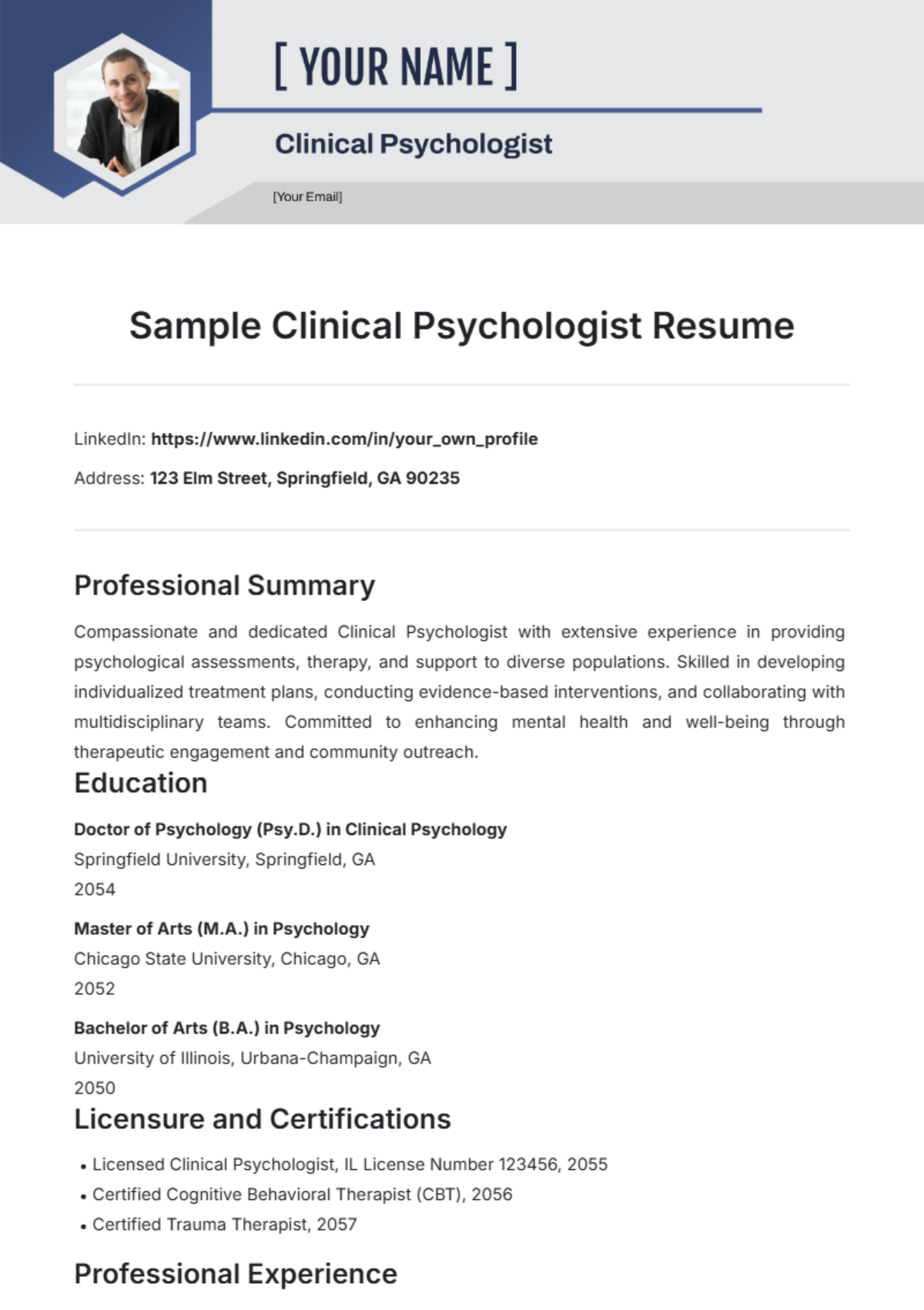 Sample Clinical Psychologist Resume Template - Edit Online & Download