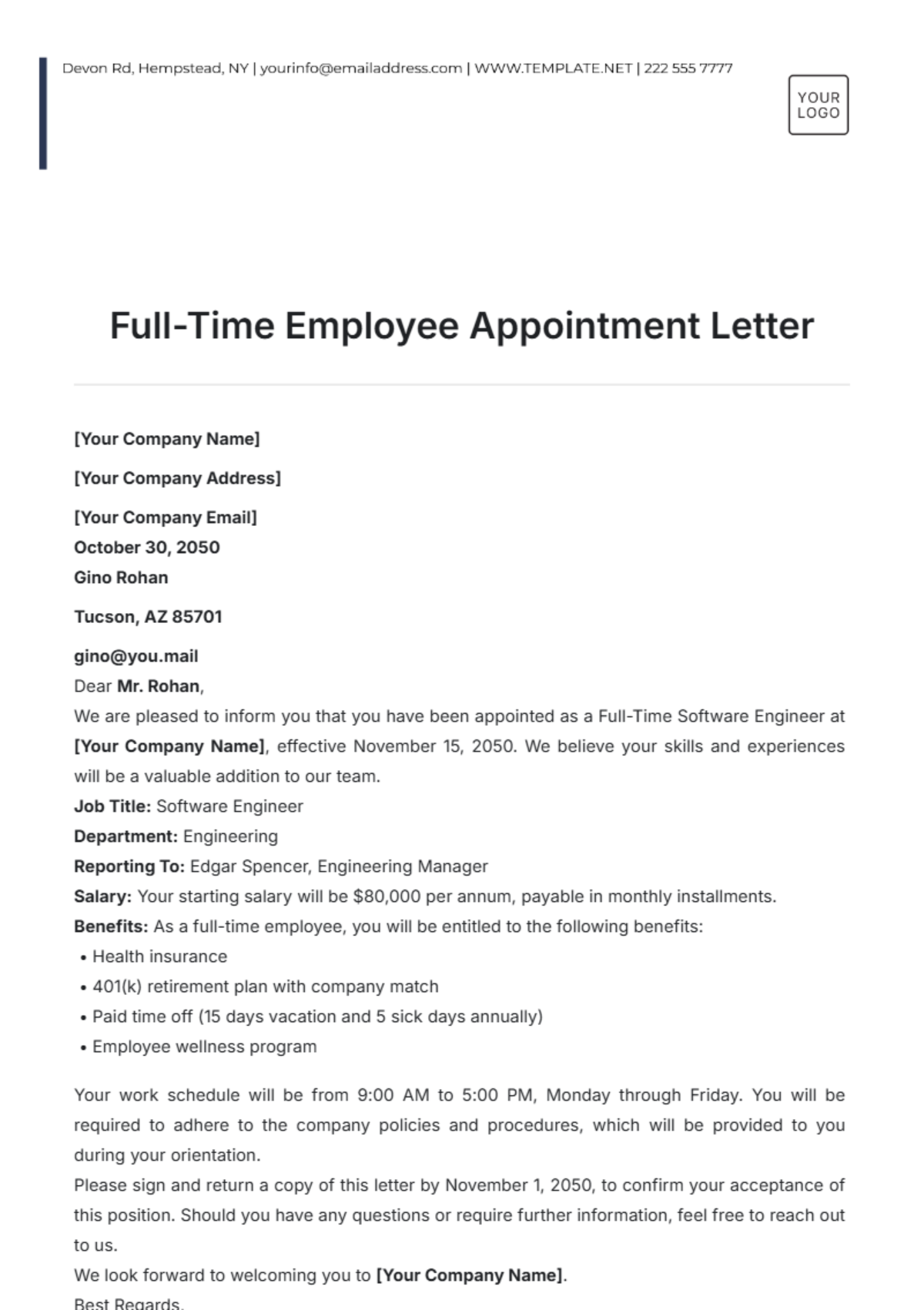 Full-Time Employee Appointment Letter Template - Edit Online & Download