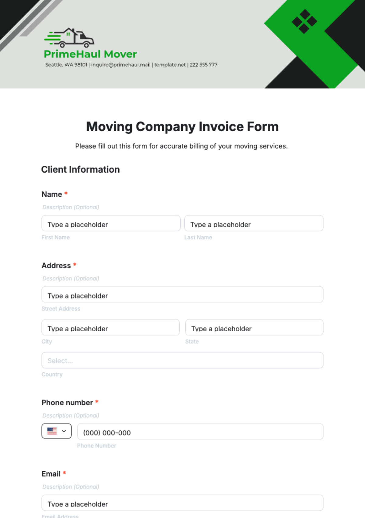 Moving Company Invoice Form Template