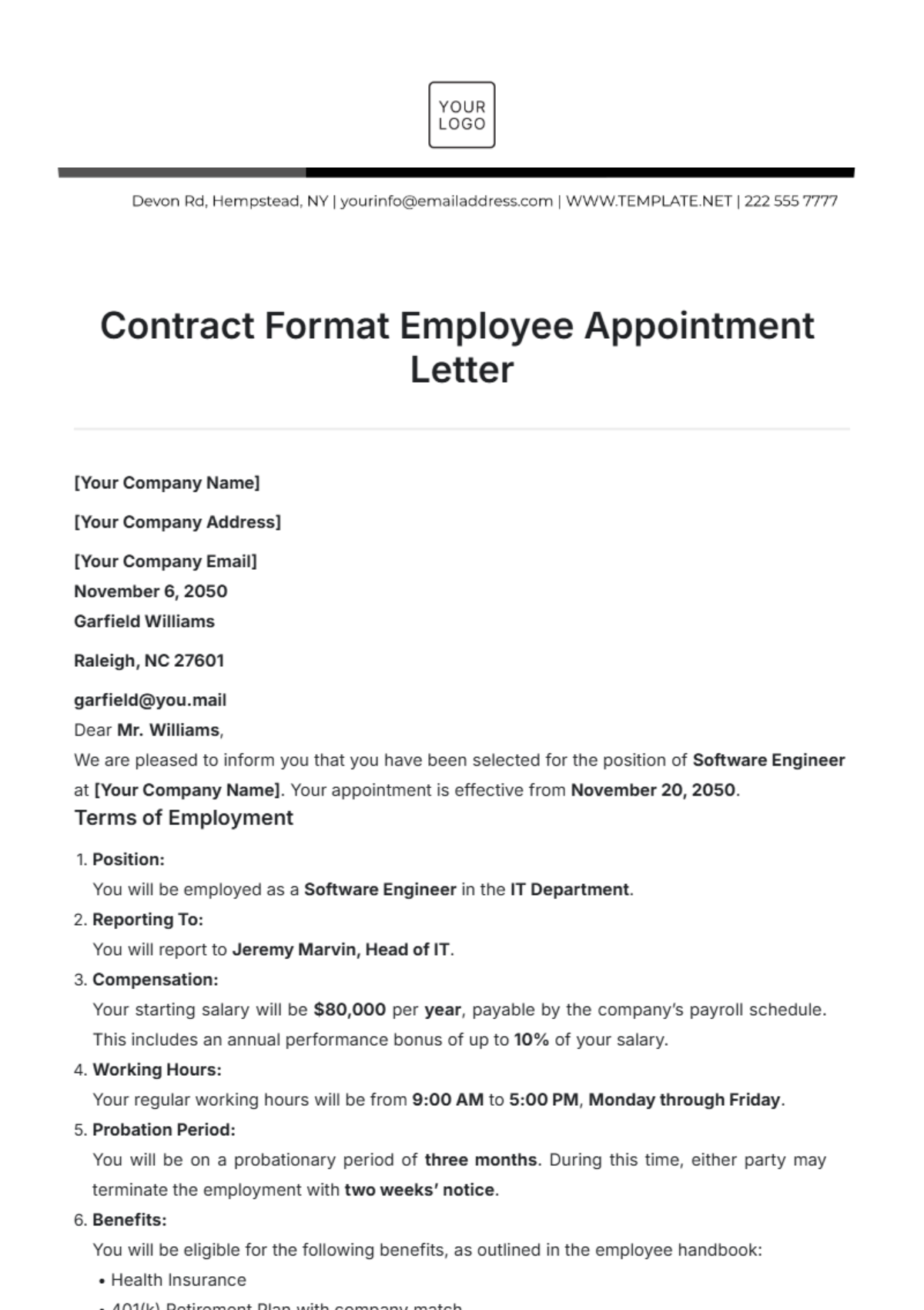 Contract Format Employee Appointment Letter Template - Edit Online & Download