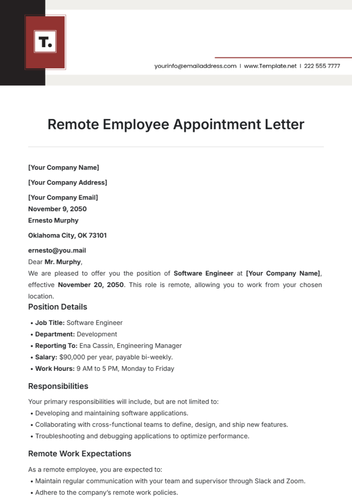 Remote Employee Appointment Letter Template - Edit Online & Download