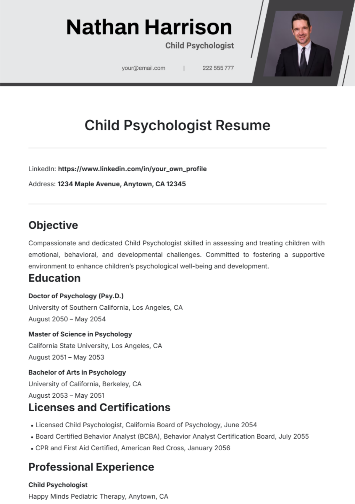 Child Psychologist Resume Template - Edit Online & Download