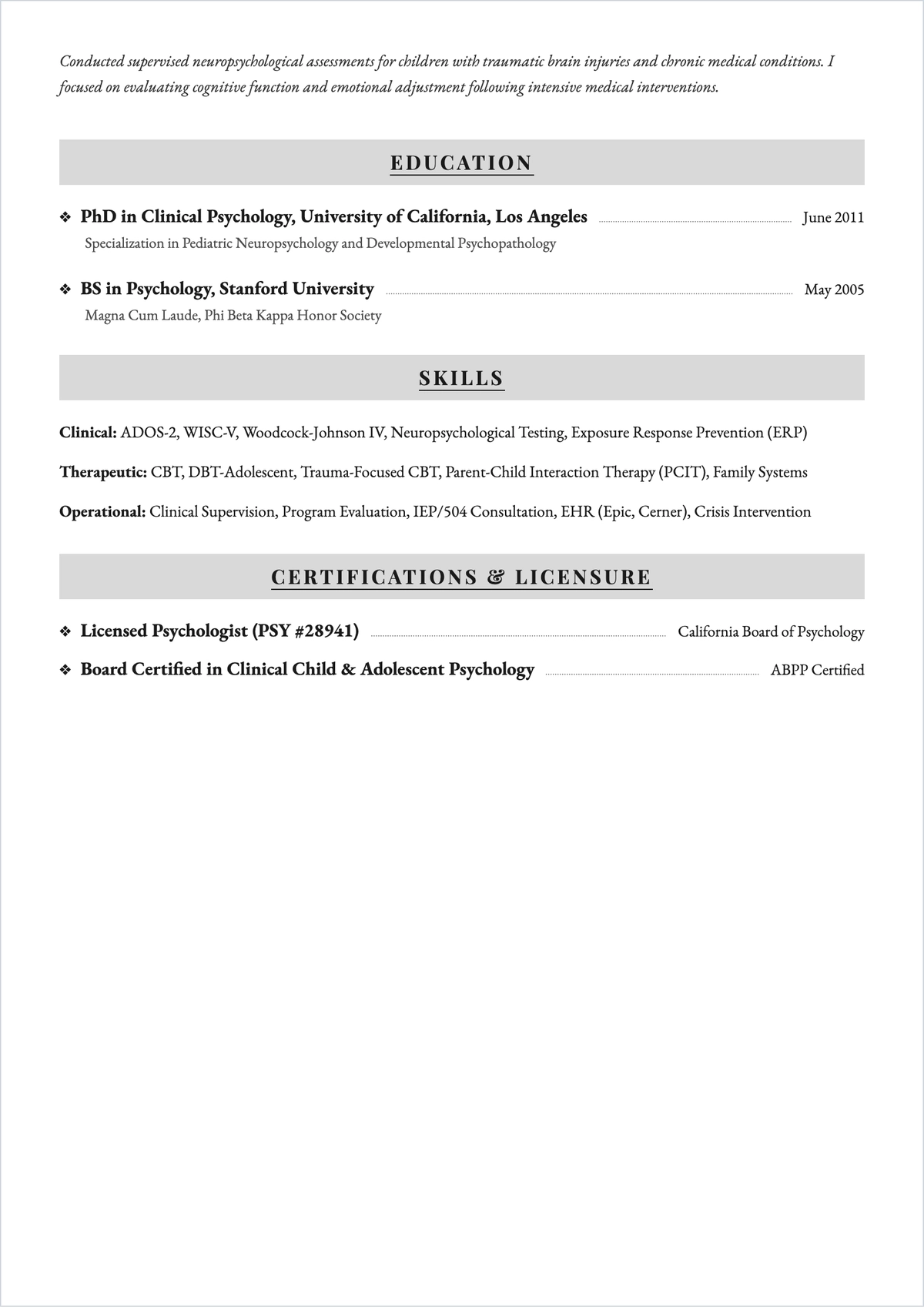 Free Child Psychologist ATS Resume Template, AI Resume Builder