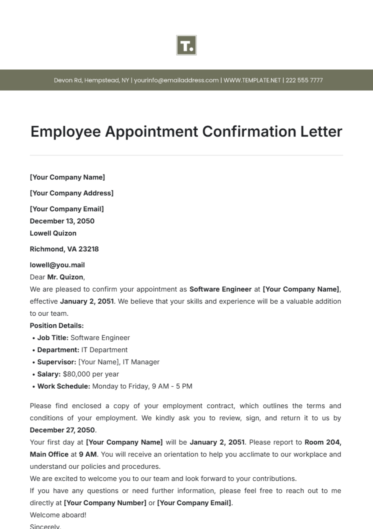 Employee Appointment Confirmation Letter Template