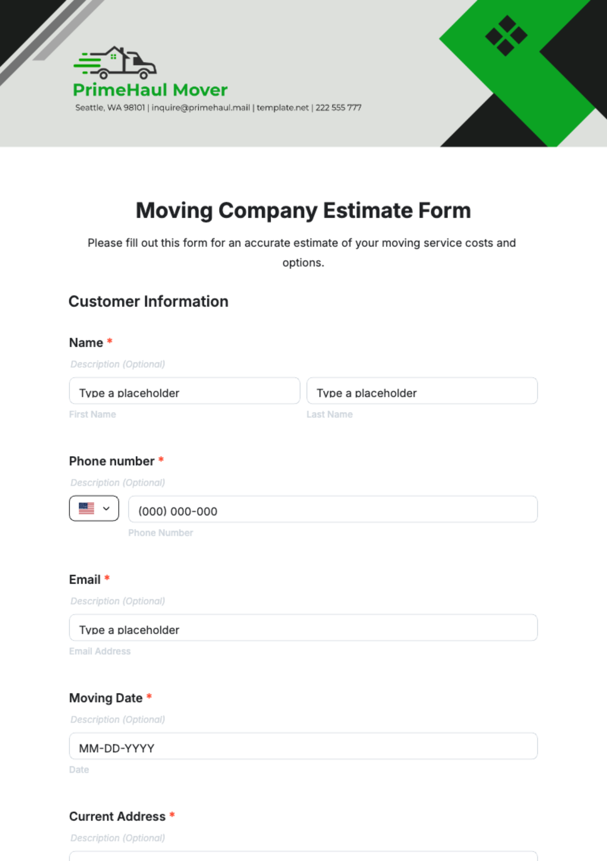 Moving Company Estimate Form Template