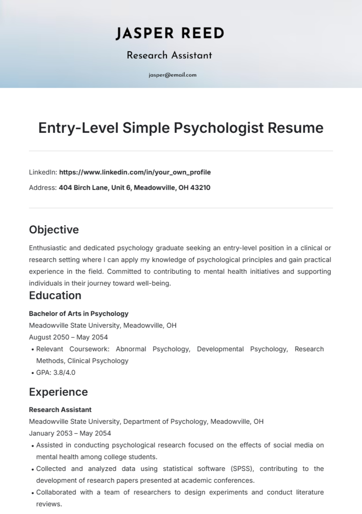 Entry- Level Simple Psychologist Resume Template - Edit Online & Download