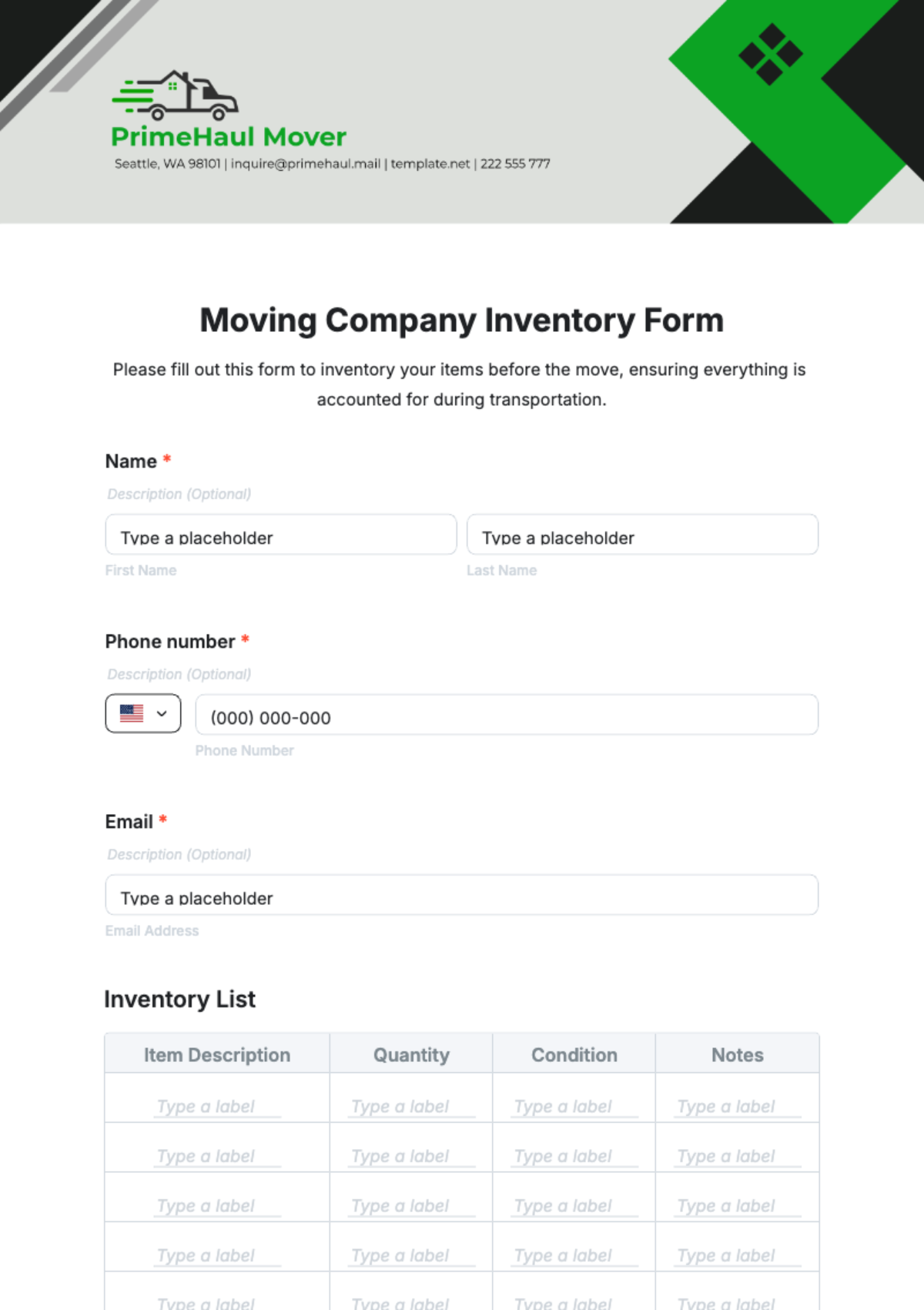 Moving Company Inventory Form Template