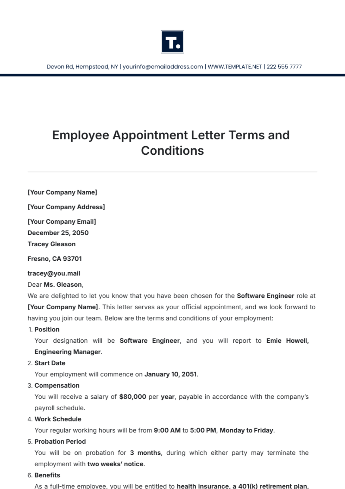 Employee Appointment Letter Terms and Conditions Template