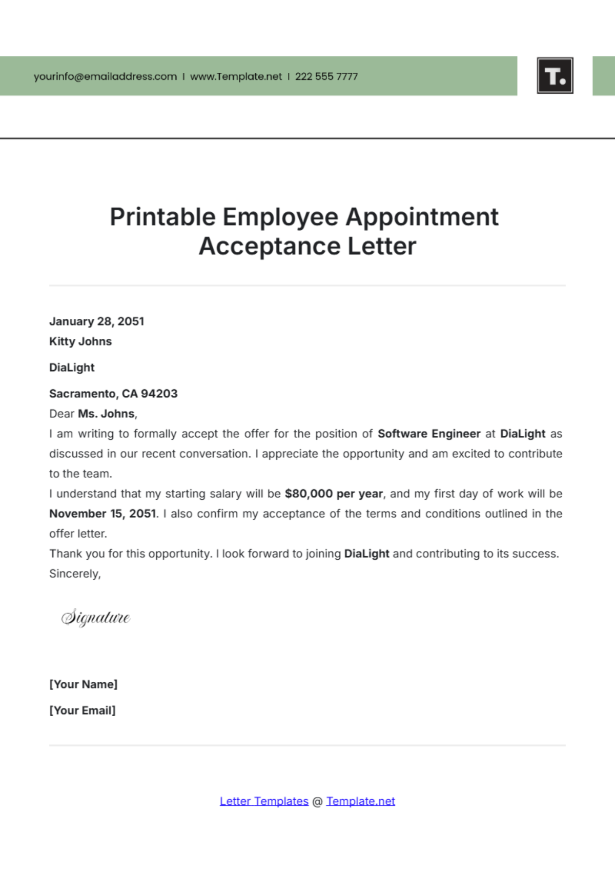 Printable Employee Appointment Acceptance Letter Template