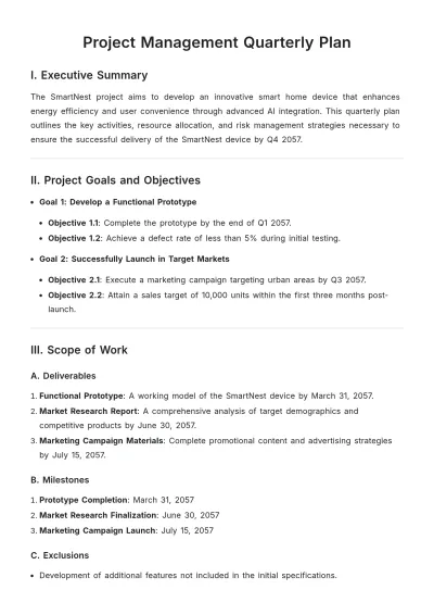 Free Project Management Quarterly Plan Template to Edit Online