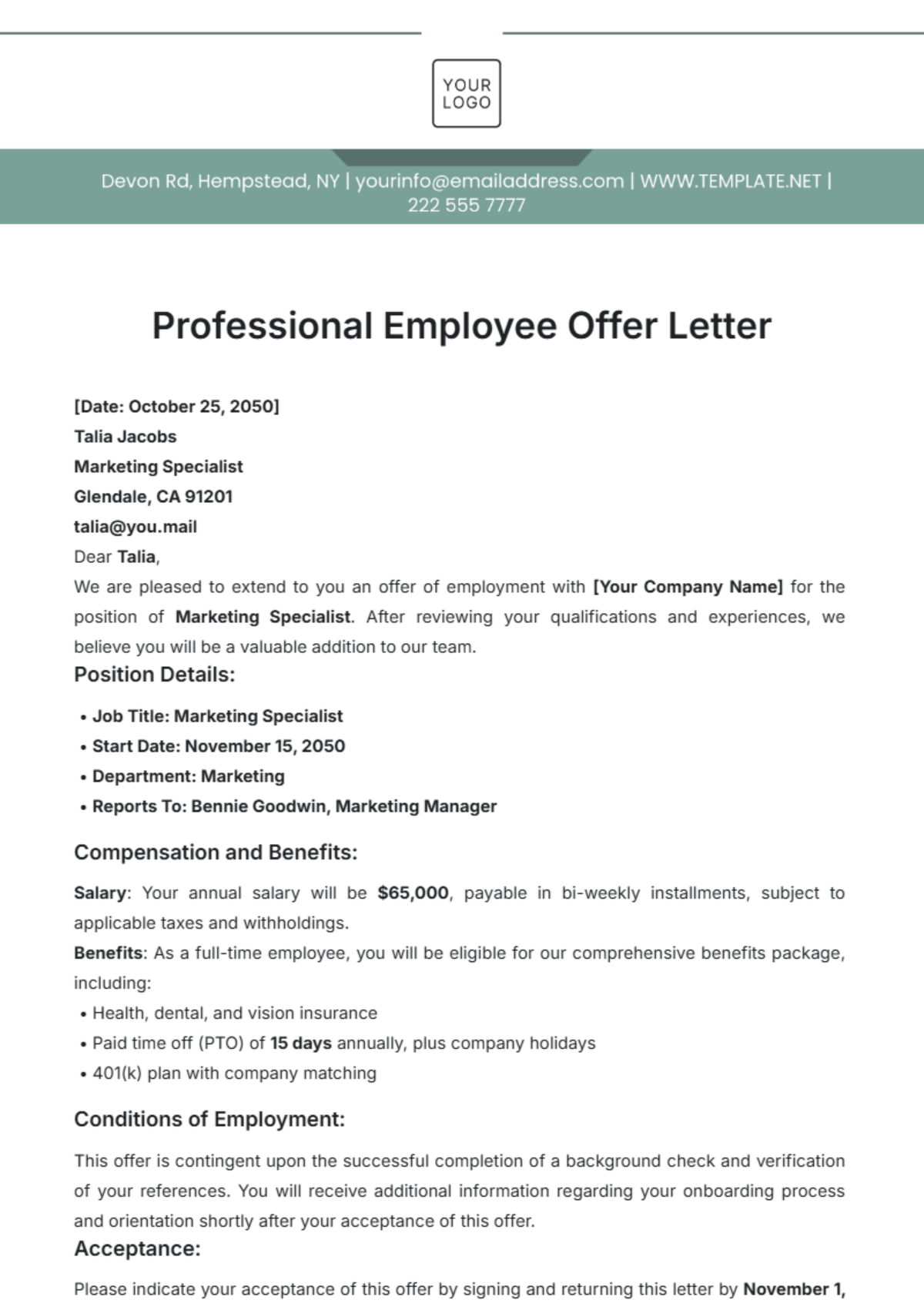 Professional Employee Offer Letter Template - Edit Online & Download