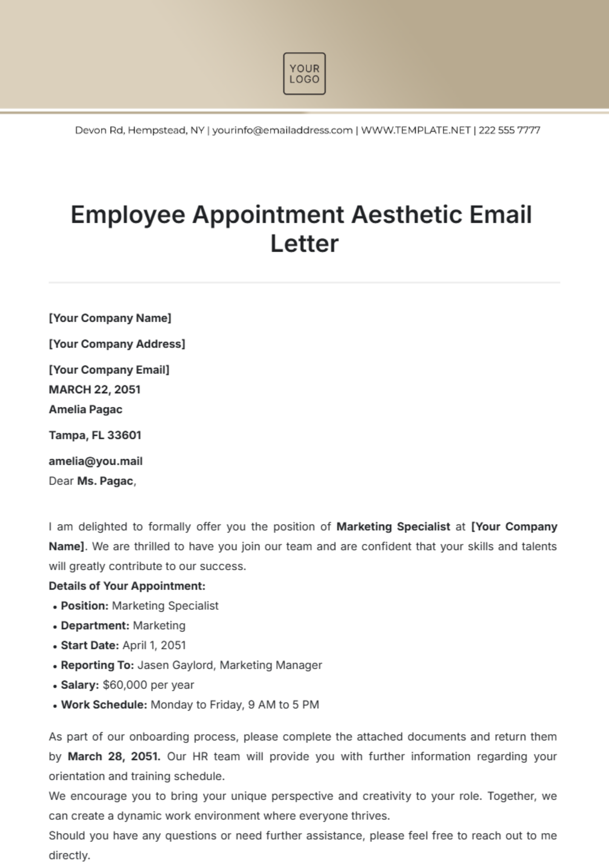 Employee Appointment Aesthetic Email Letter Template - Edit Online & Download