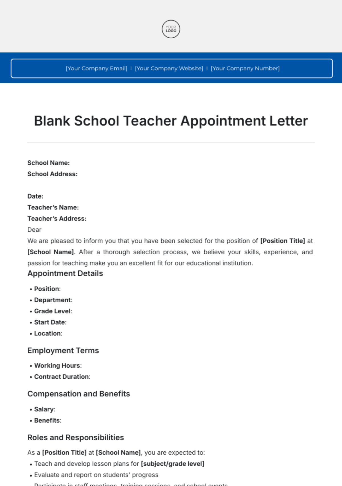 Blank School Teacher Appointment Letter Template - Edit Online & Download