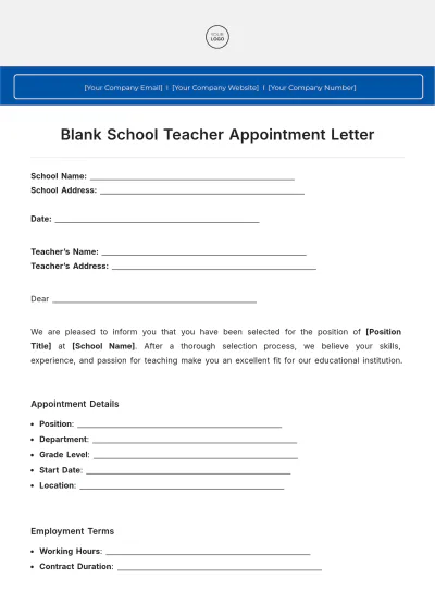 Free Blank School Teacher Appointment Letter Template to Edit Online