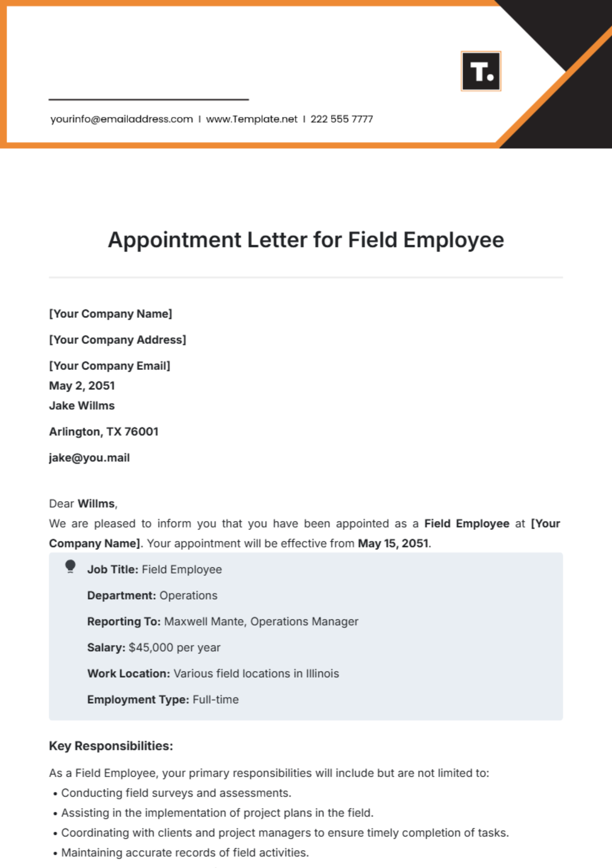 Appointment Letter for Field Employee Template - Edit Online & Download