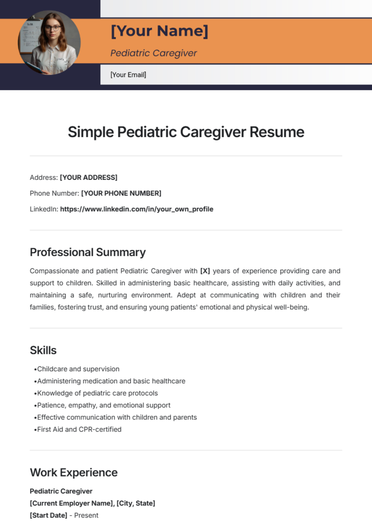 Simple Pediatric Caregiver Resume Template - Edit Online & Download