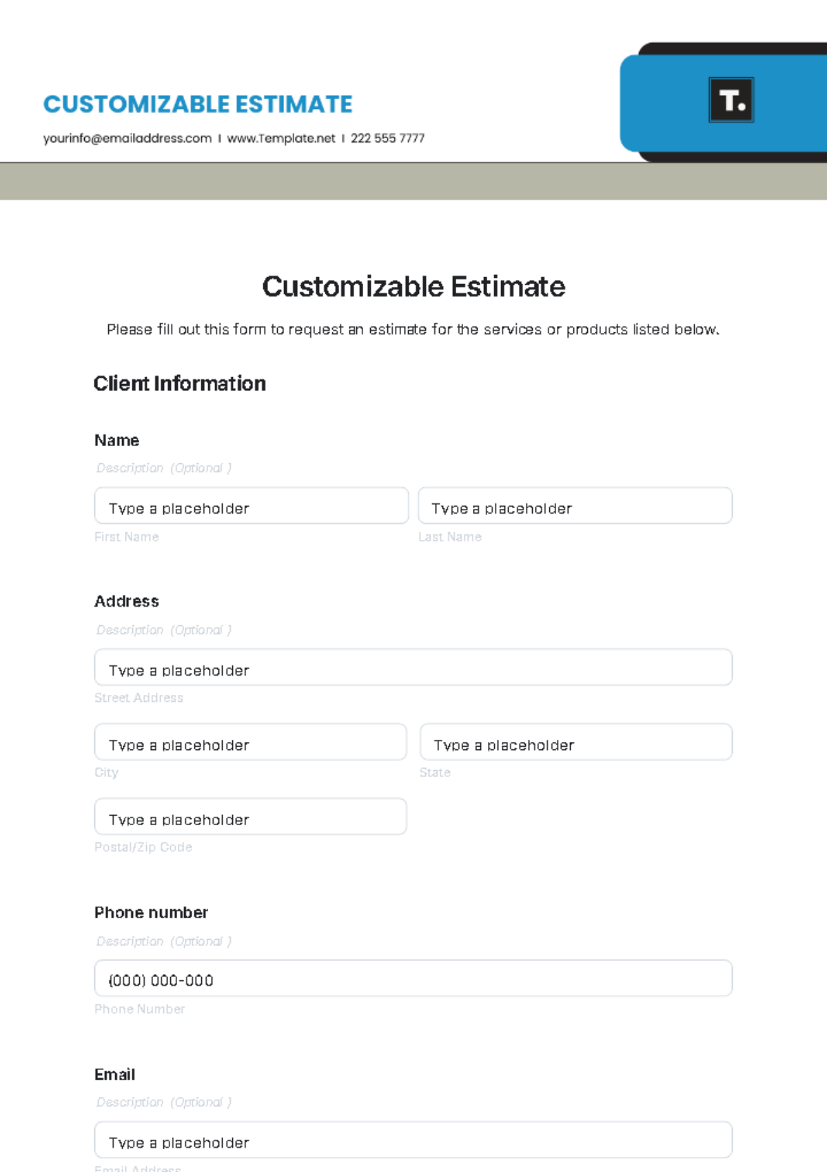 Customizable Estimate Template