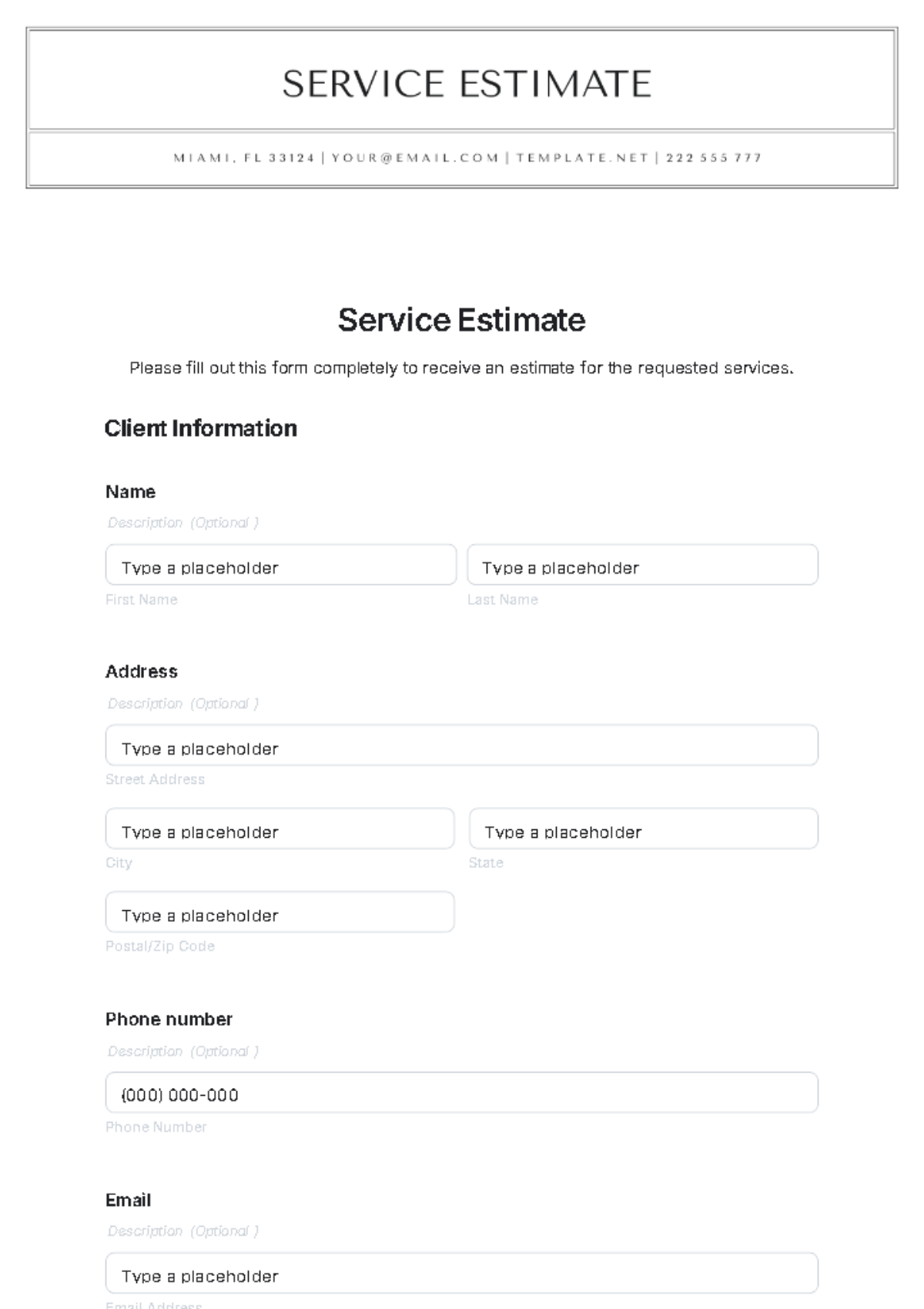 Service Estimate Template