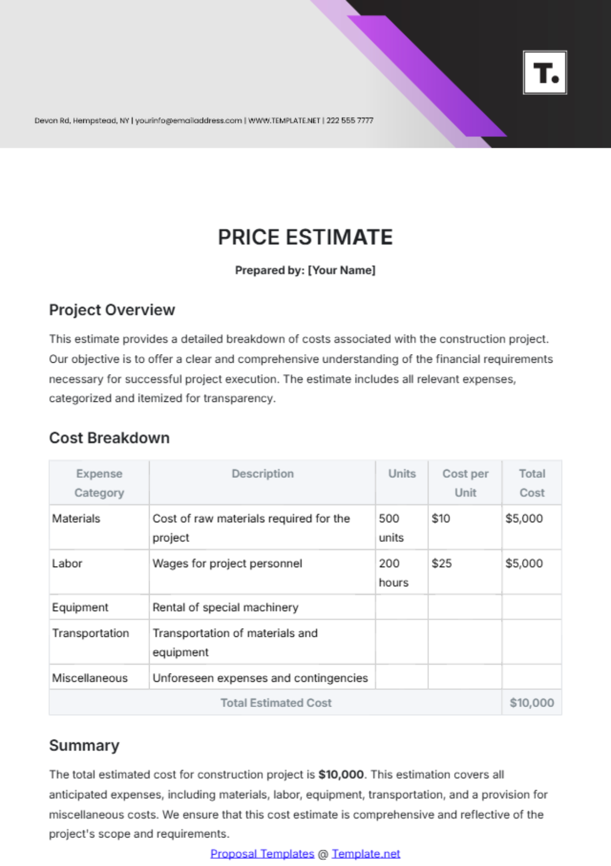 Price Estimate Template - Edit Online & Download