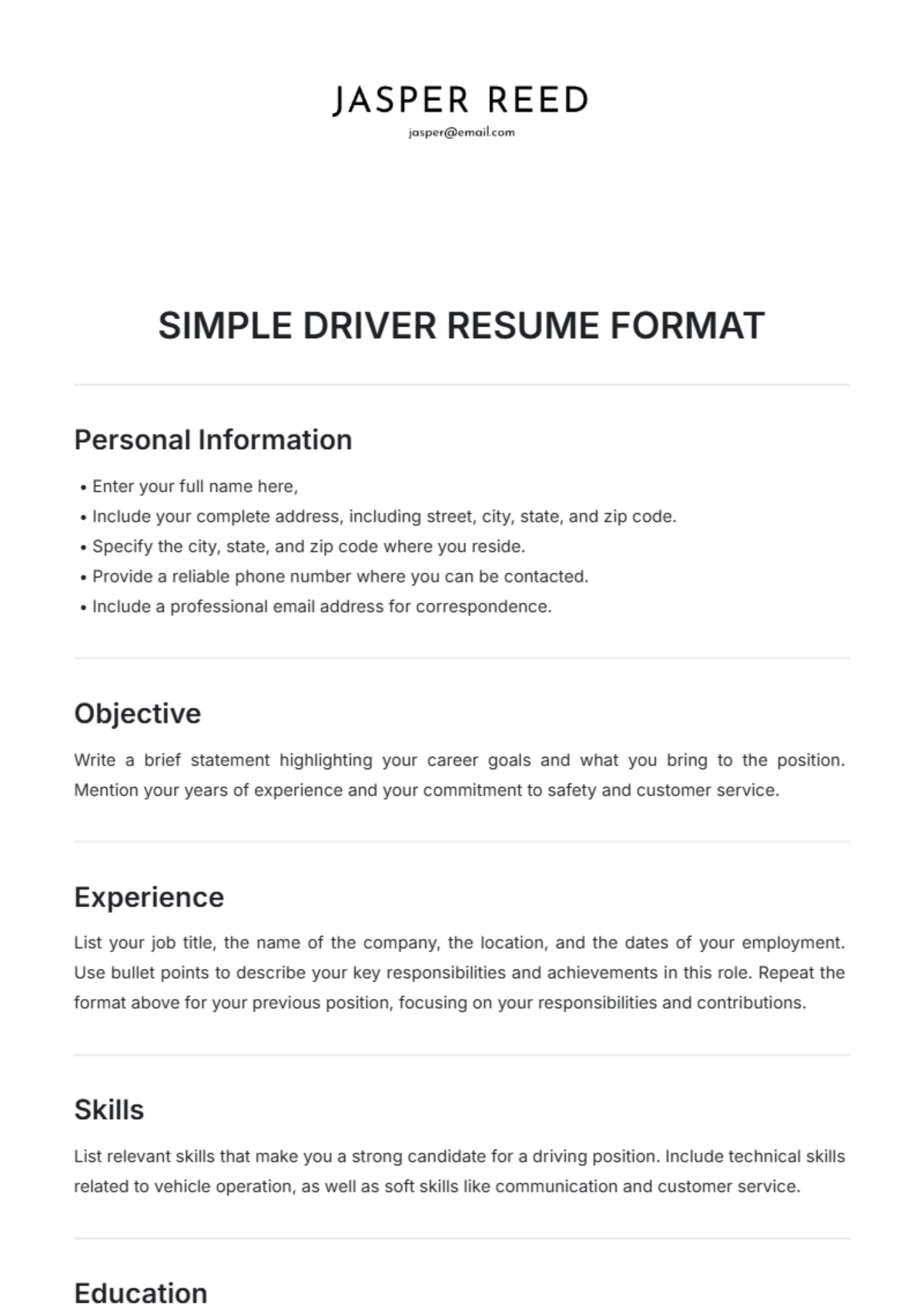 Simple Driver Resume Format Template - Edit Online & Download