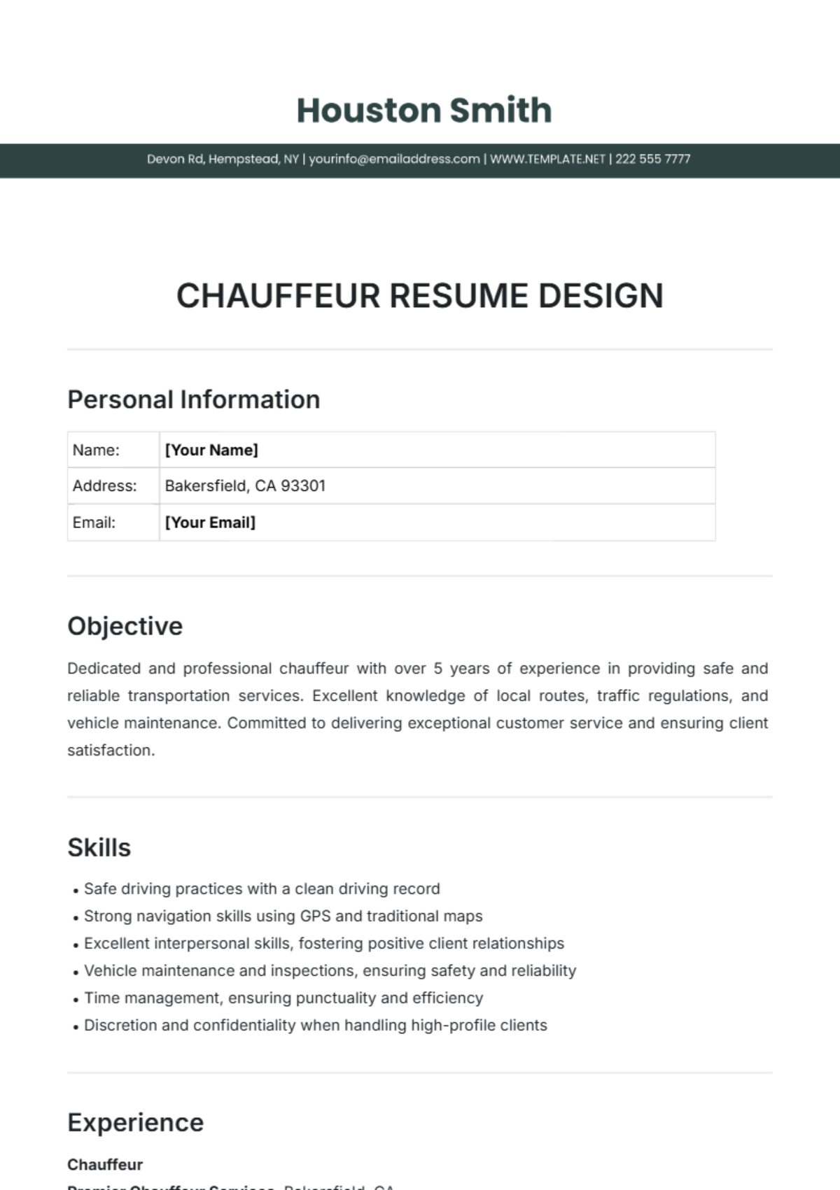 Chauffeur Resume Design Template - Edit Online & Download