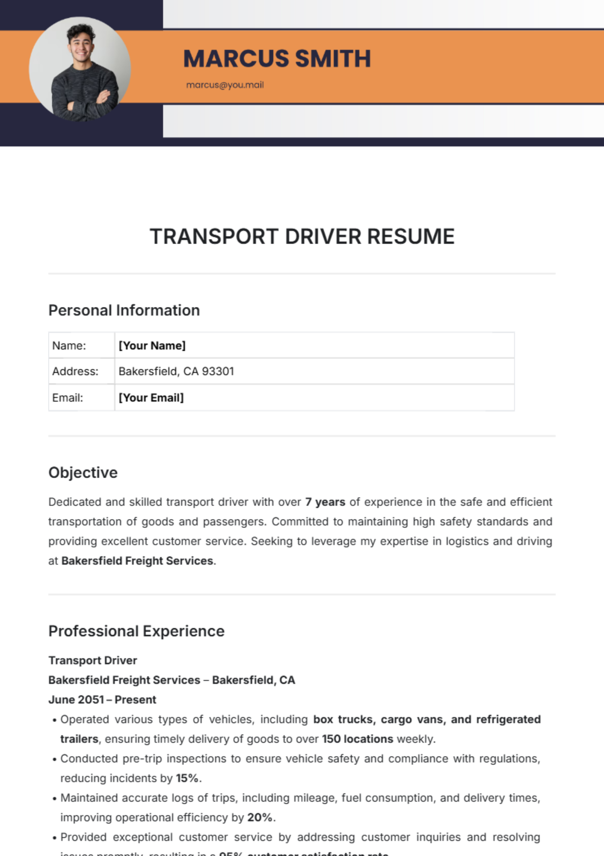 Transport Driver Resume Template - Edit Online & Download