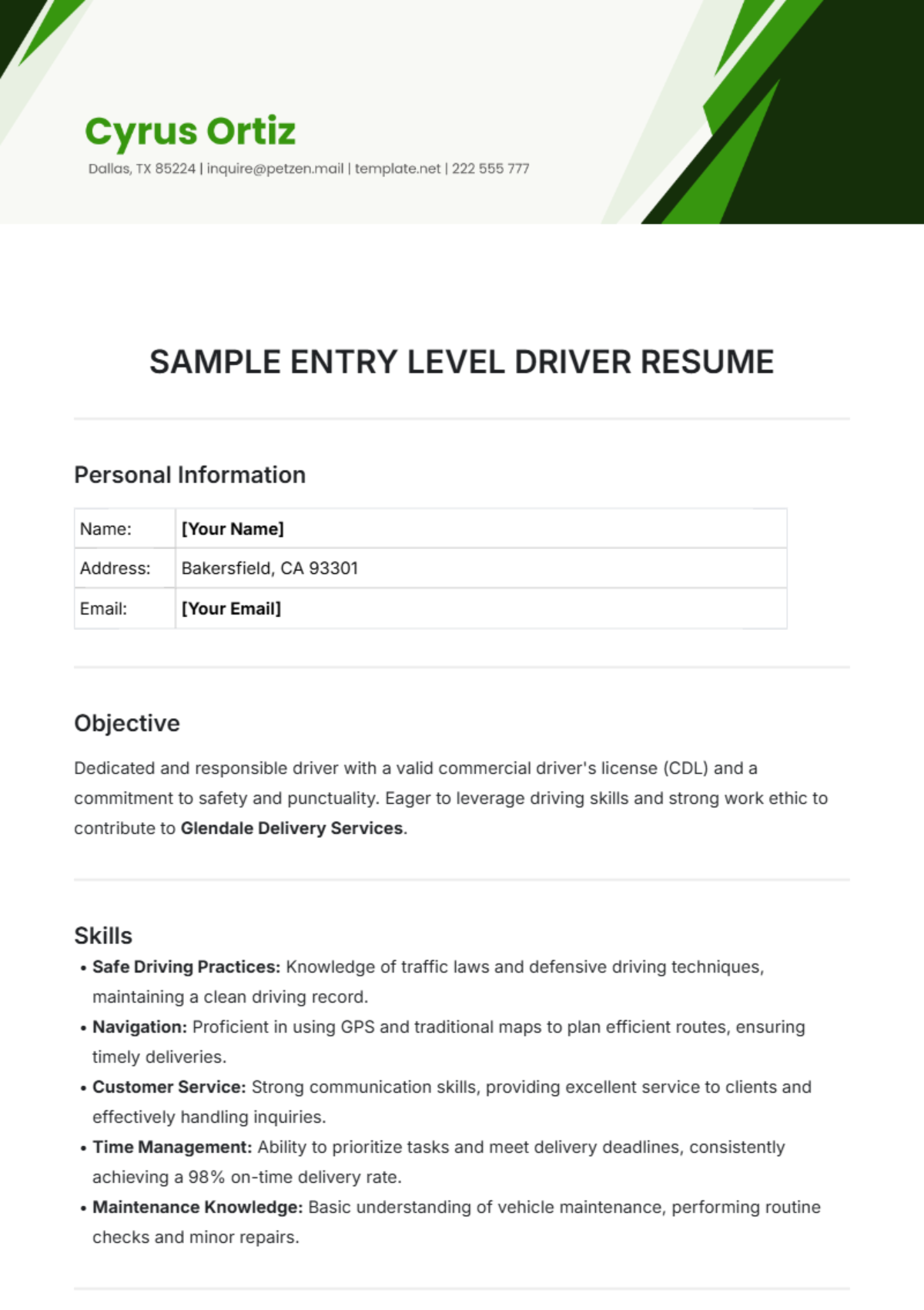 Sample Entry-Level Driver Resume Template - Edit Online & Download