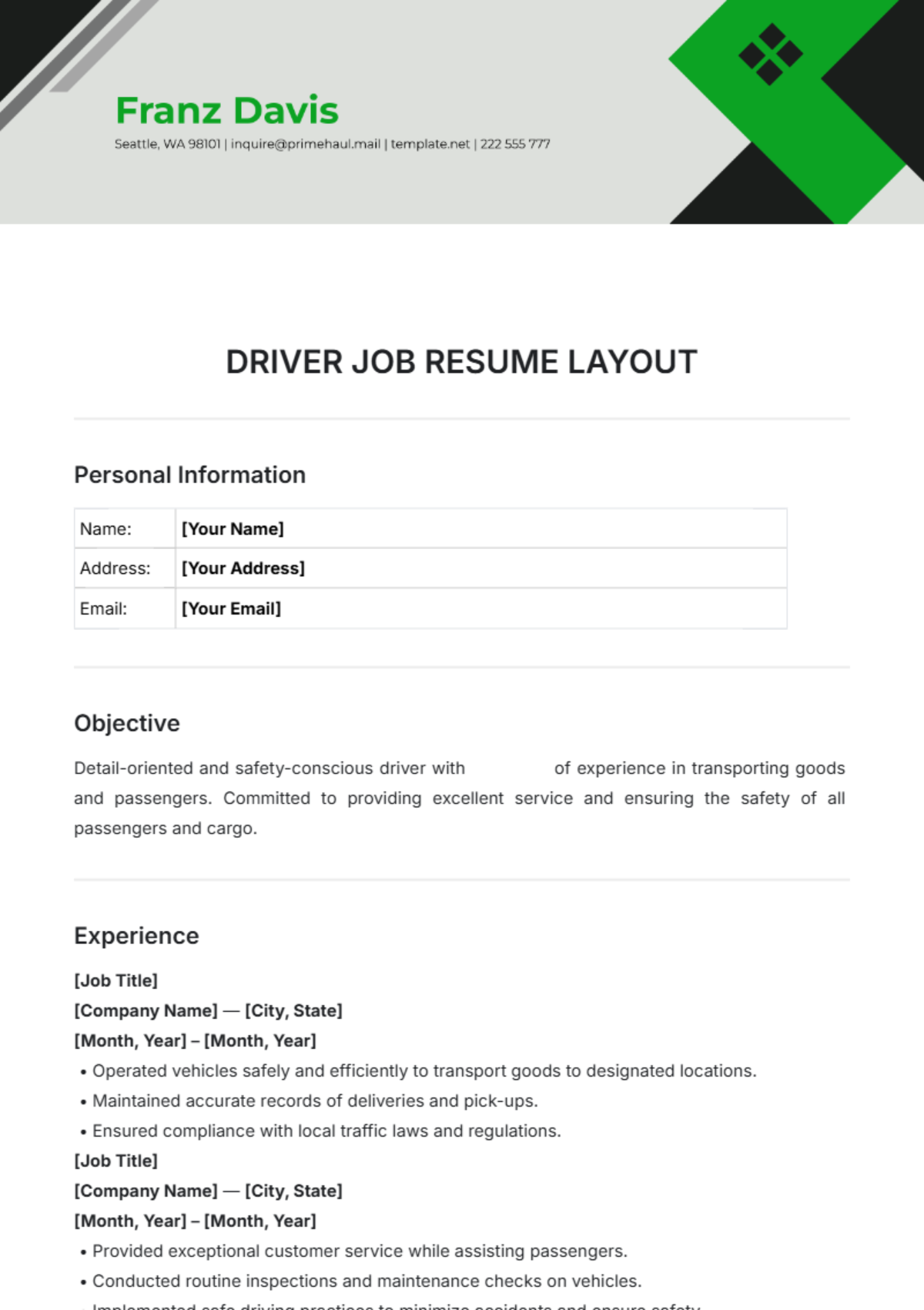 Driver Job Resume Layout Template - Edit Online & Download