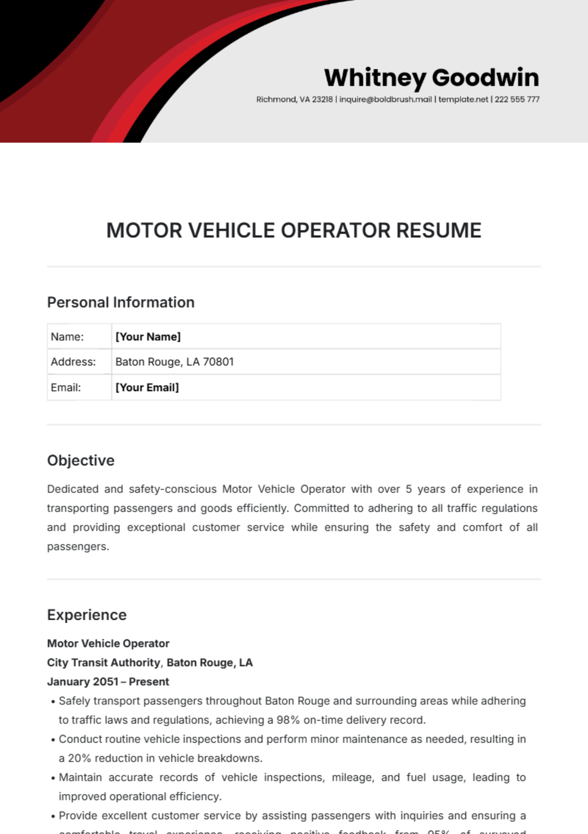 Motor Vehicle Operator Resume Template - Edit Online & Download