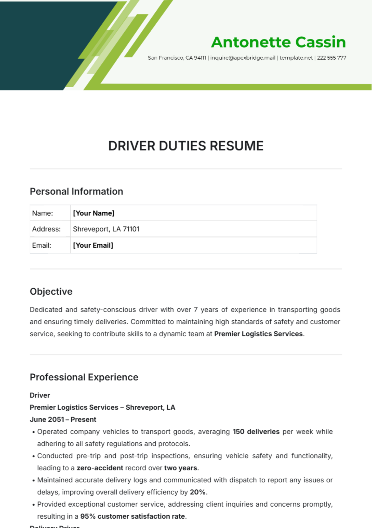 Driver Duties Resume Template - Edit Online & Download