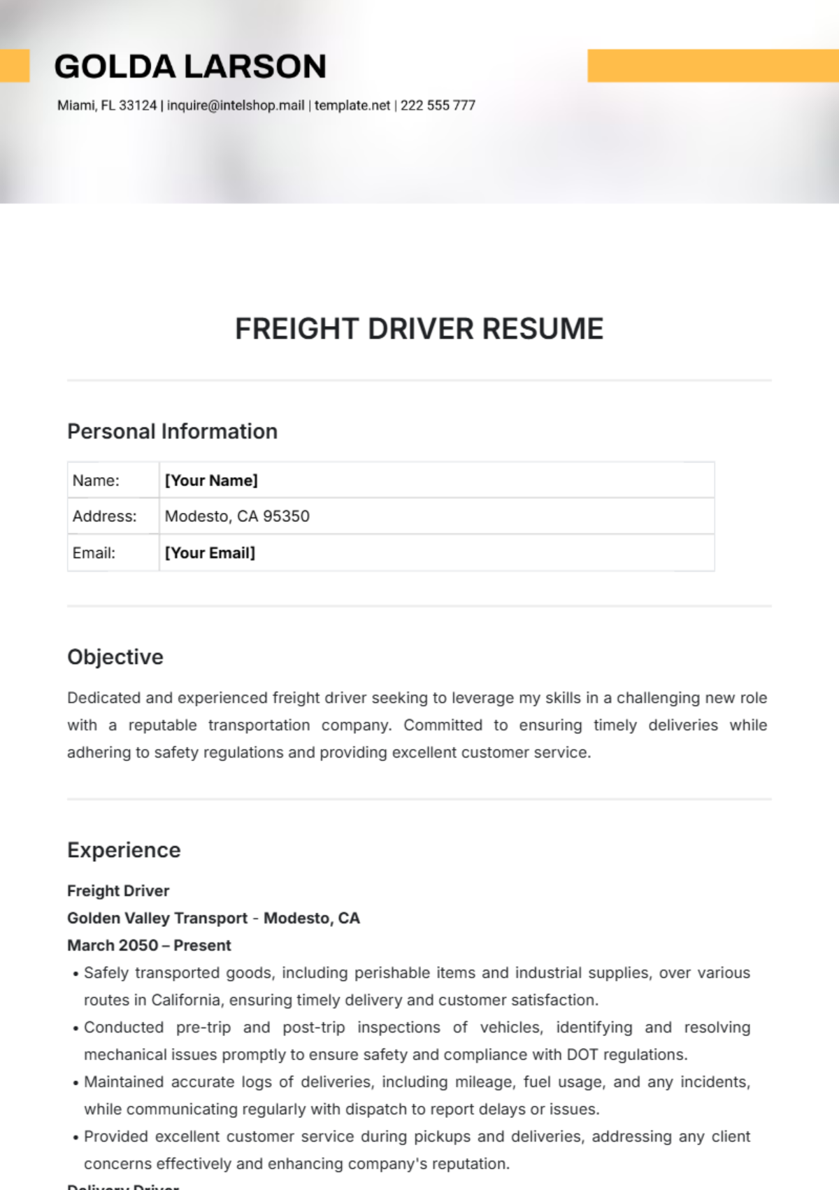 Freight Driver Resume Template - Edit Online & Download