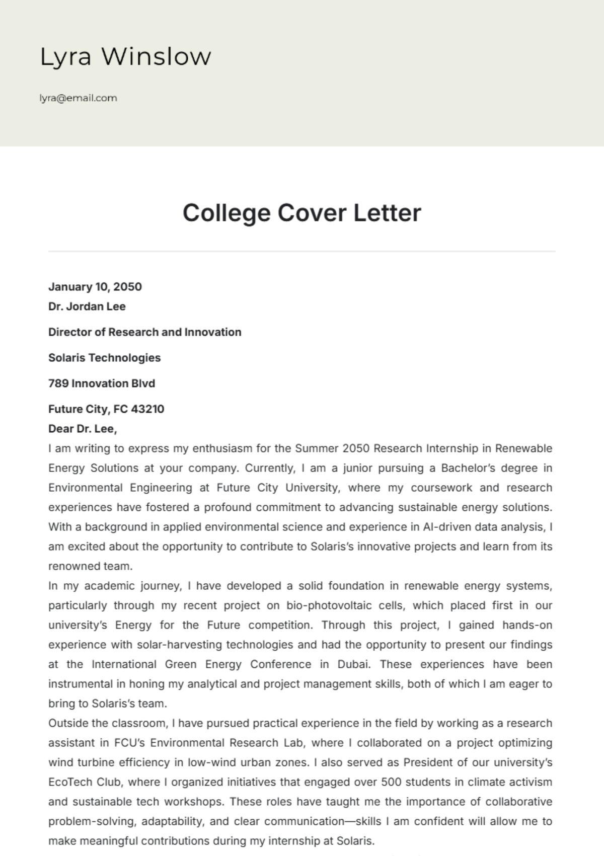 College Cover Letter Template - Edit Online & Download