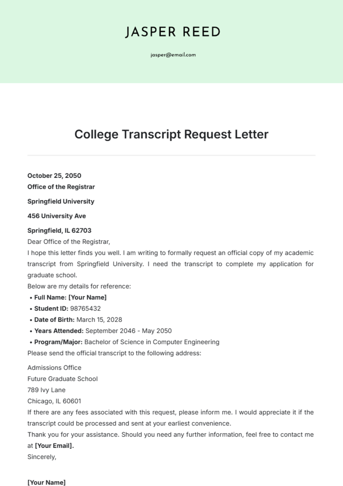 College Transcript Request Letter Template - Edit Online & Download