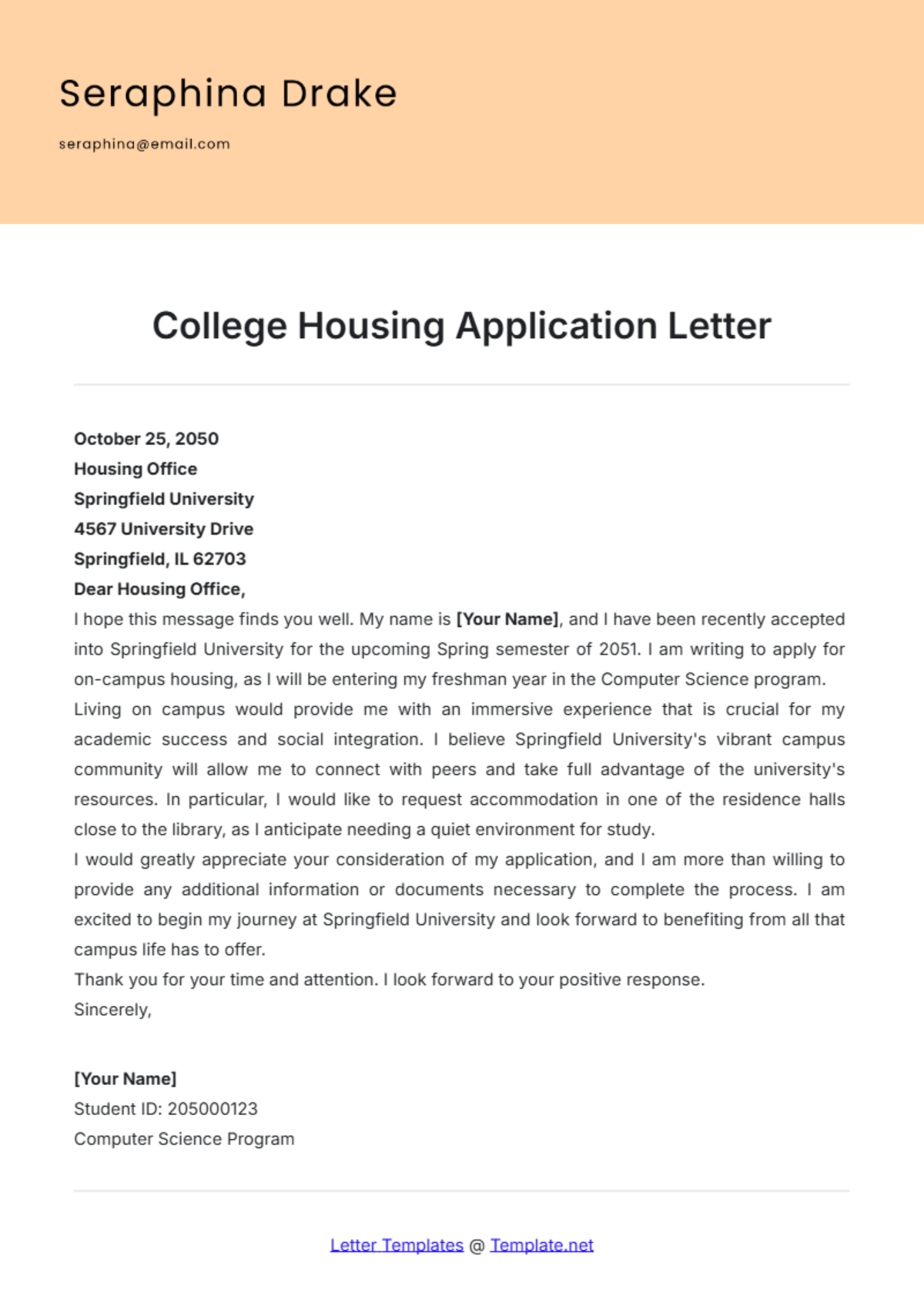 College Housing Application Letter Template - Edit Online & Download