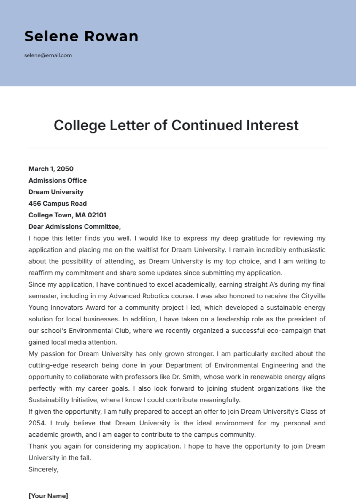 College Letter of Continued Interest Template - Edit Online & Download