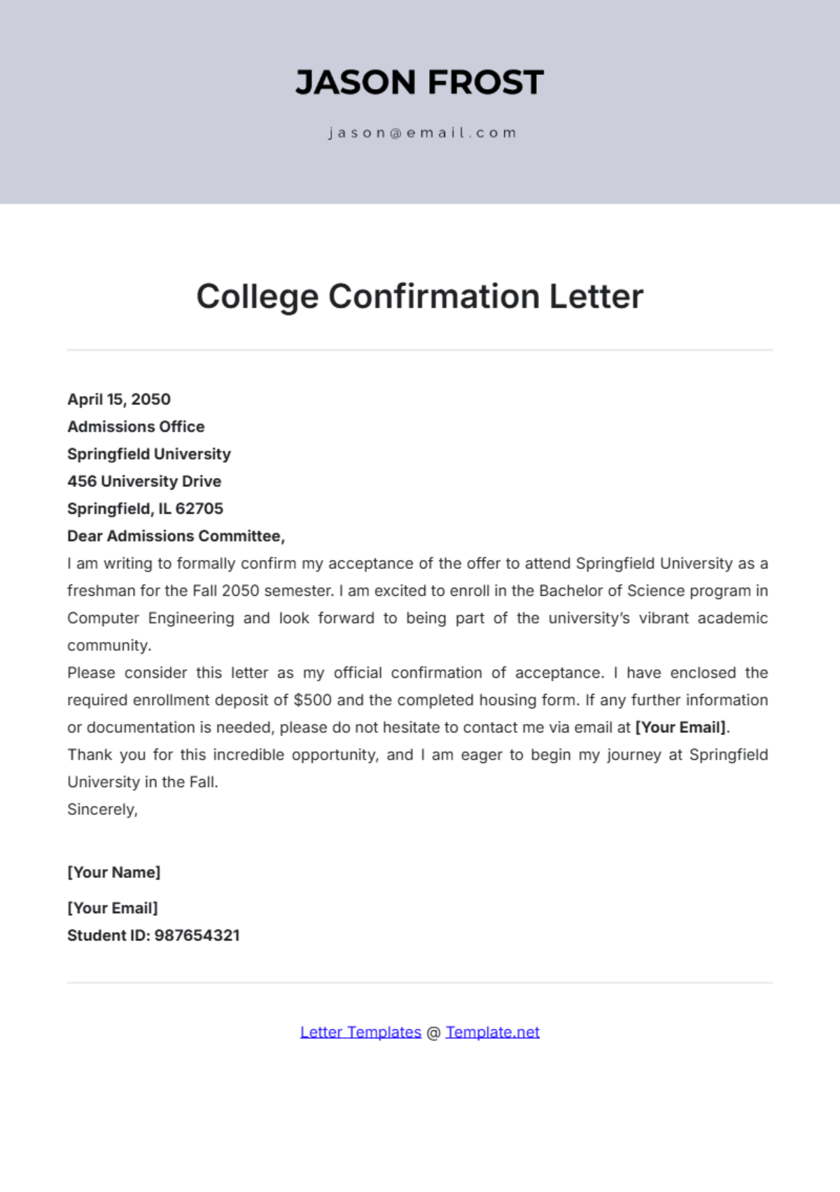 College Confirmation Letter Template - Edit Online & Download