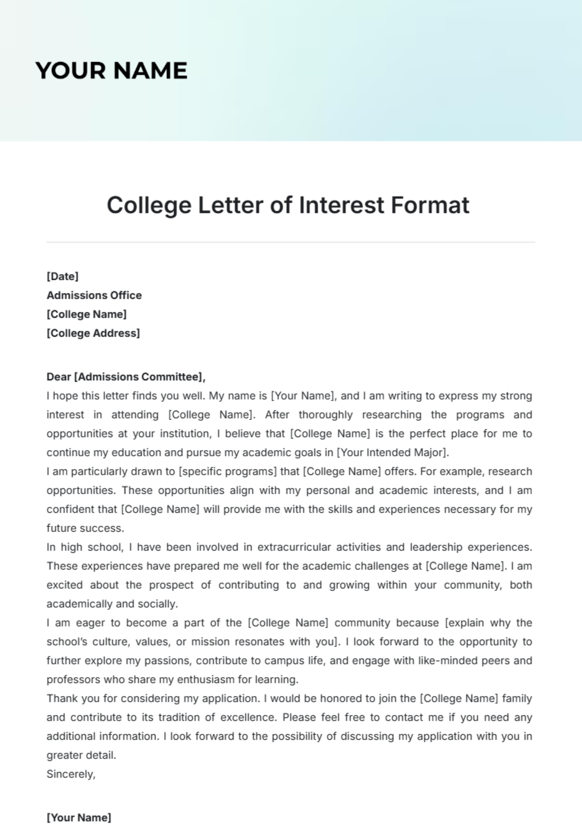 College Letter of Interest Format Template - Edit Online & Download