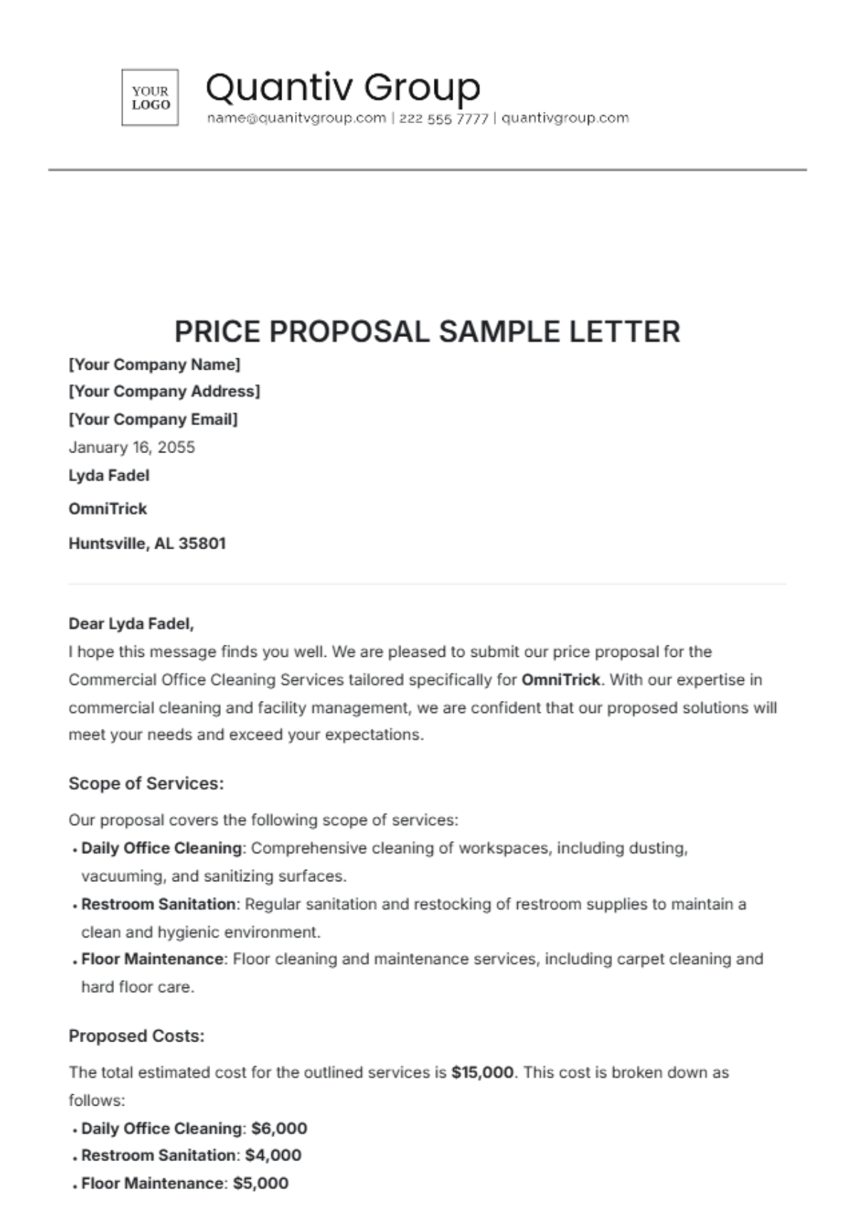 Price Proposal Sample Letter Template - Edit Online & Download