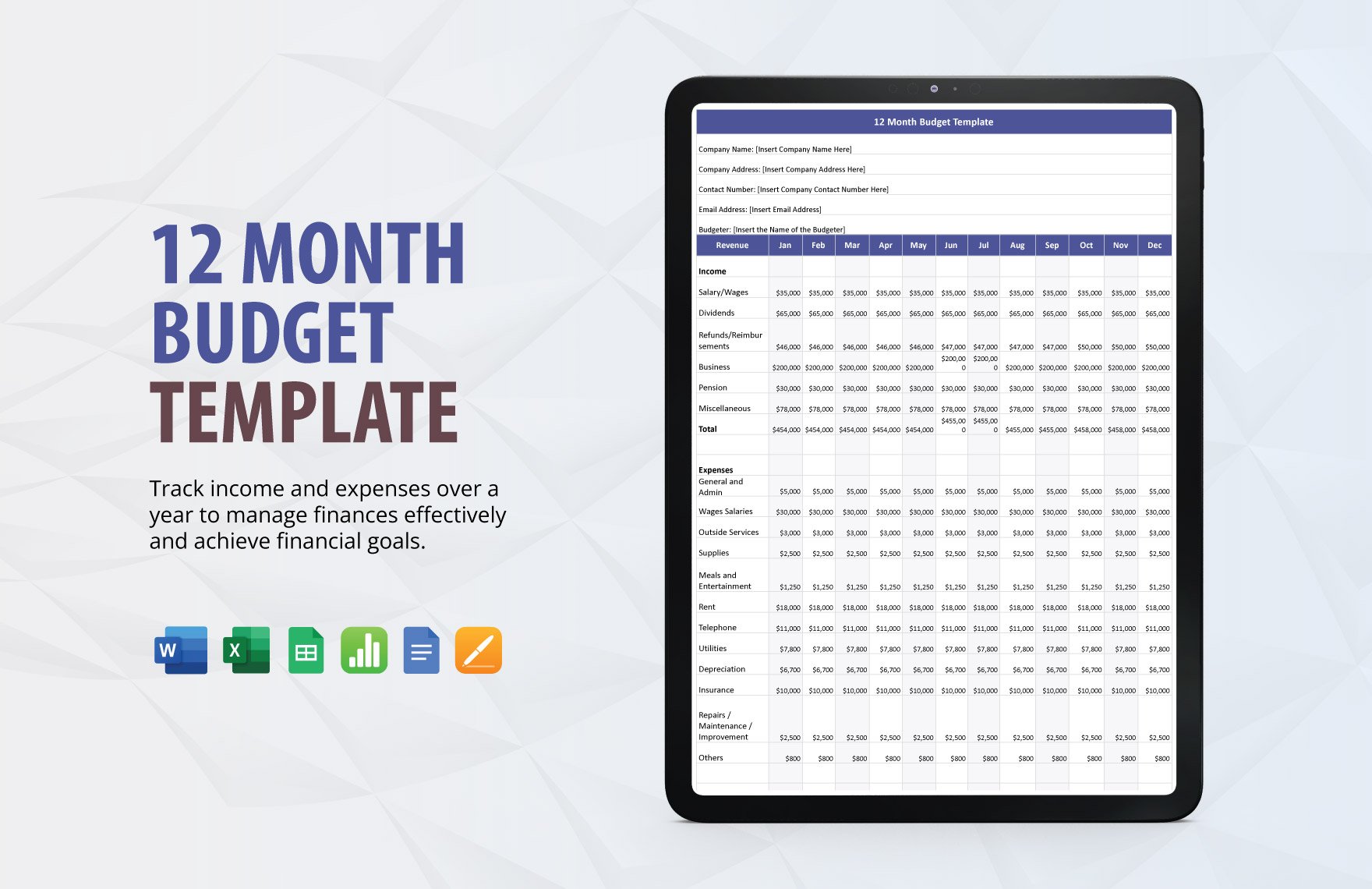 12 Month Budget Template in Word, Google Docs, Excel, Google Sheets, Apple Pages, Apple Numbers